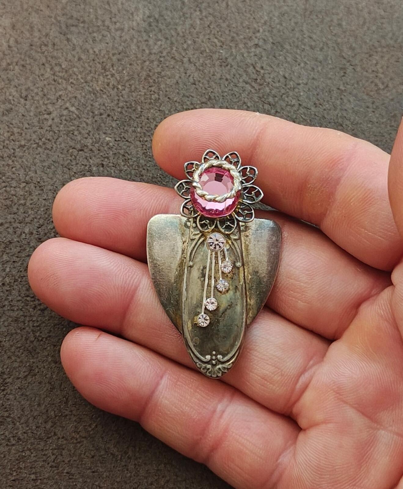 Unique Handcrafted Silver Tone Angel With Rhinestones Brooch