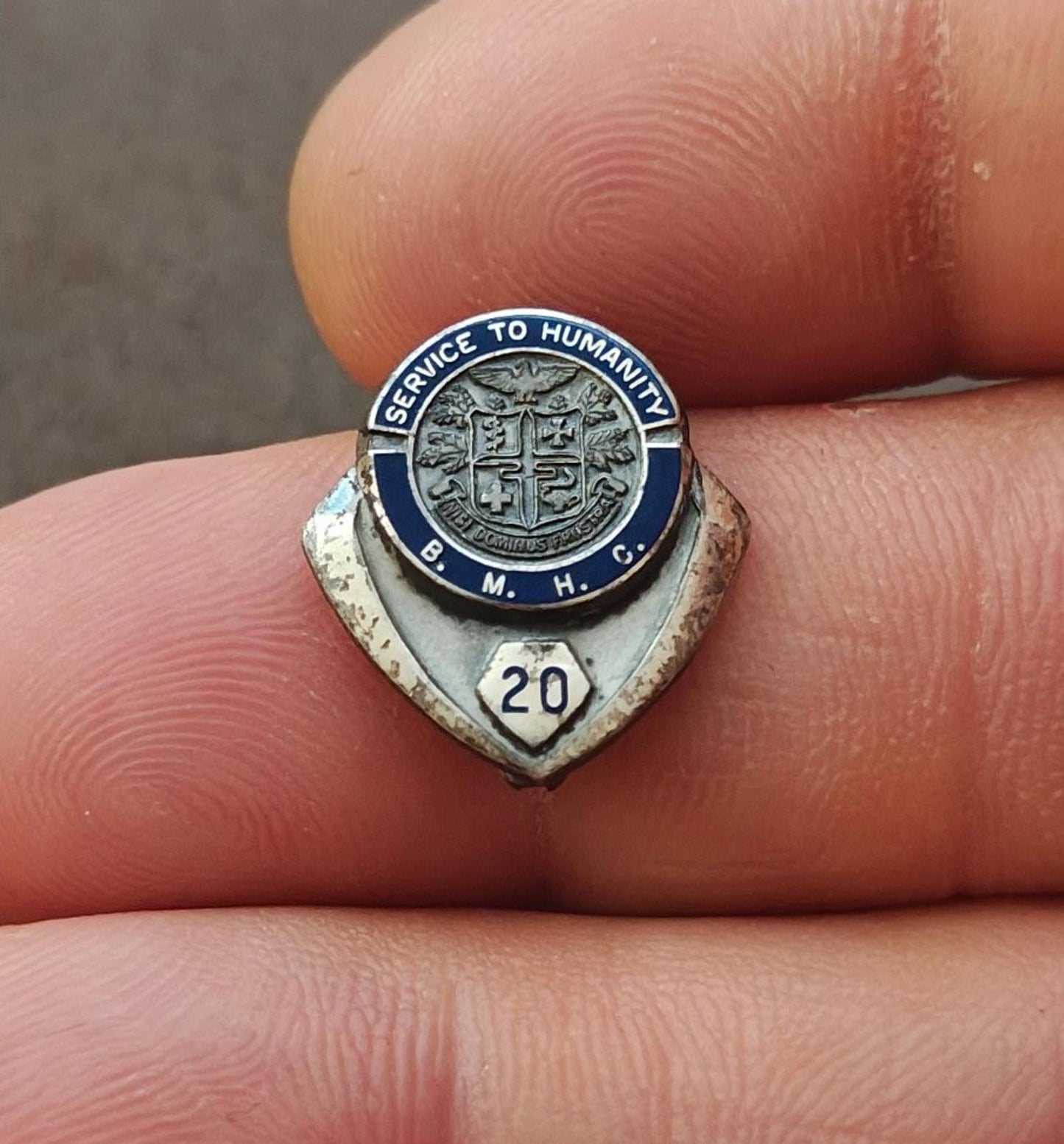 1970s Sterling Silver Boone Memorial Health Complex 20 Year Service Enamel Pin