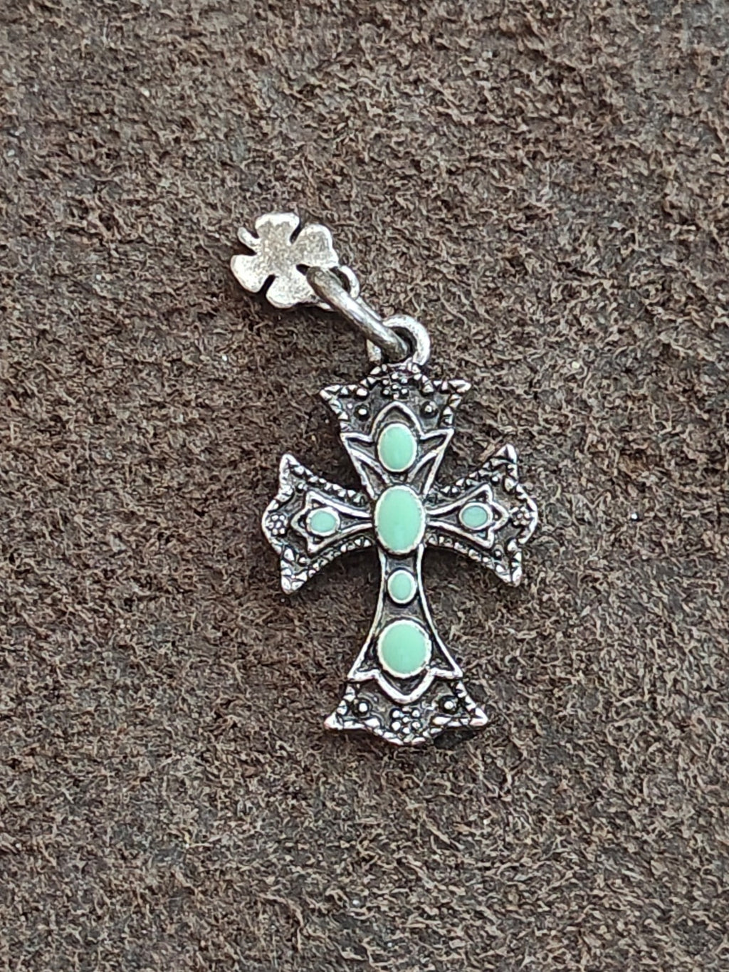 1990s Lucky Brand Antiqued Silver With Faux Turquoise Southwestern Cross Pendant