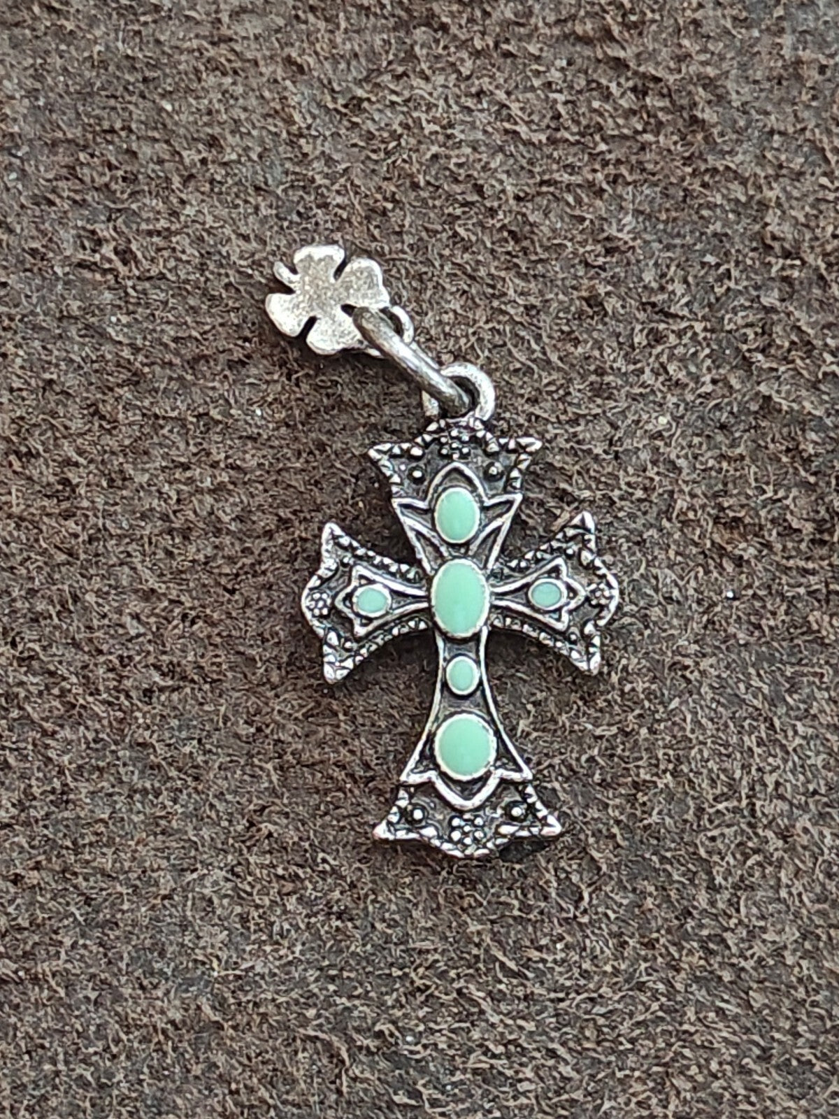 1990s Lucky Brand Antiqued Silver With Faux Turquoise Southwestern Cross Pendant