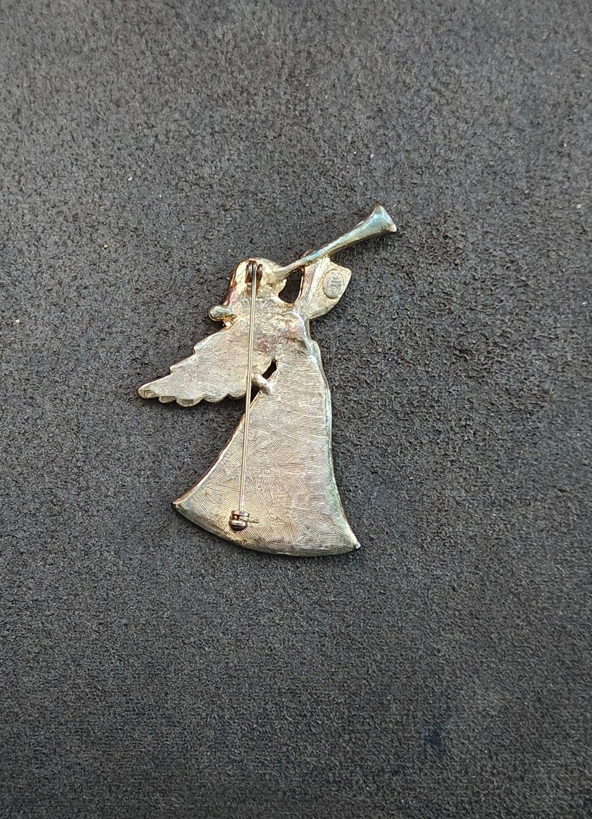 1980s Tanya's Creations Angel Blowing a Horn Gold Tone Enamel Brooch Pin
