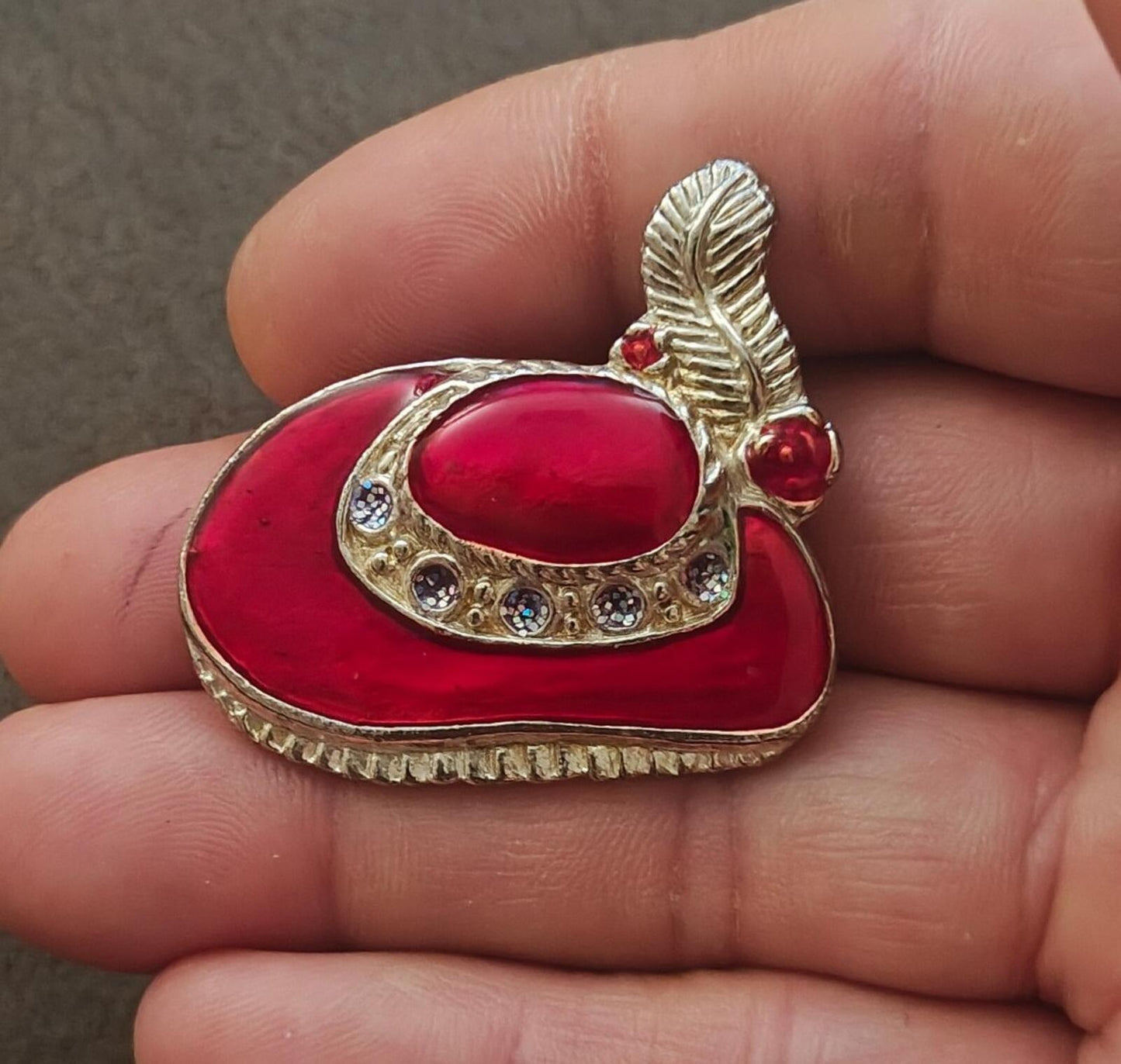 1990s Red Hat Society Silver Tone With Red Enamel & Glitter Accents Brooch