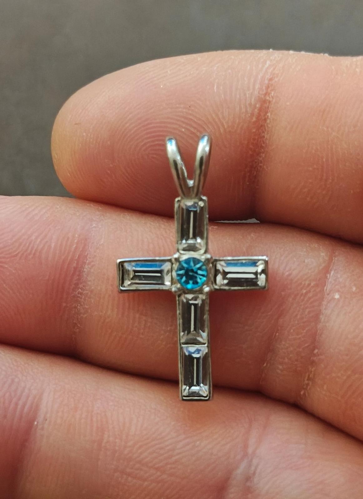 1990s Silver Tone With Clear and Blue Rhinestones Cross Pendant