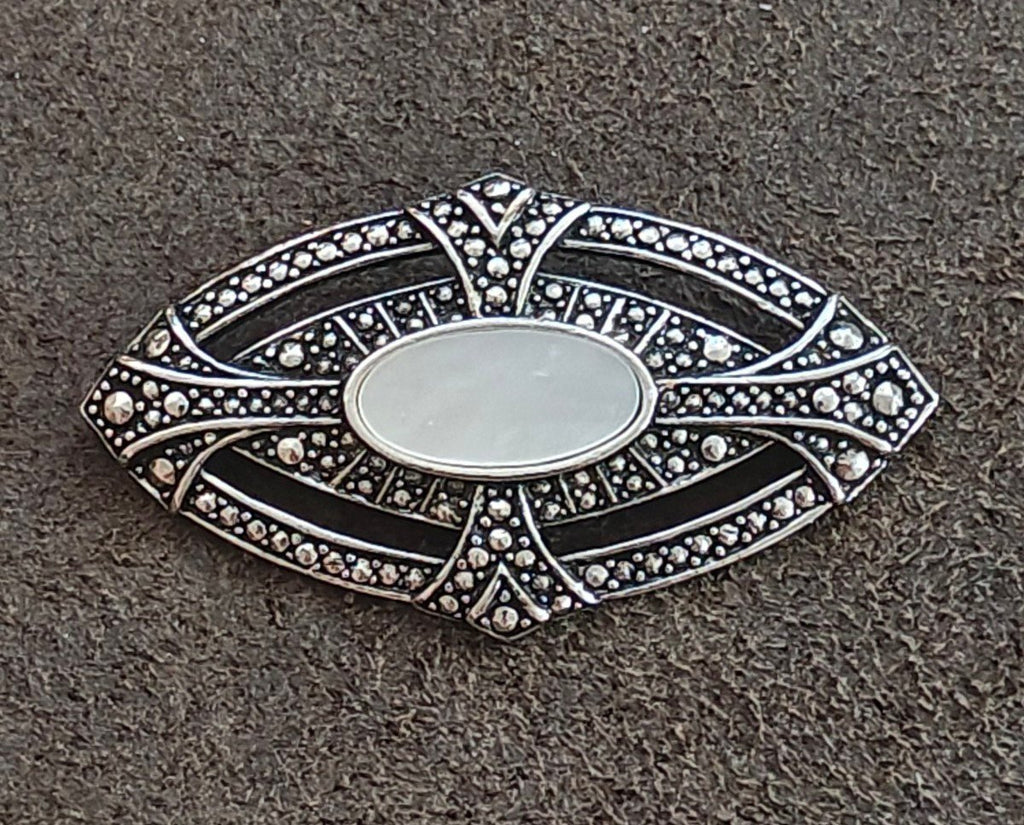 1980s Art Deco Style Marcasite & Mother of Pearl Silver Tone Brooch Pin