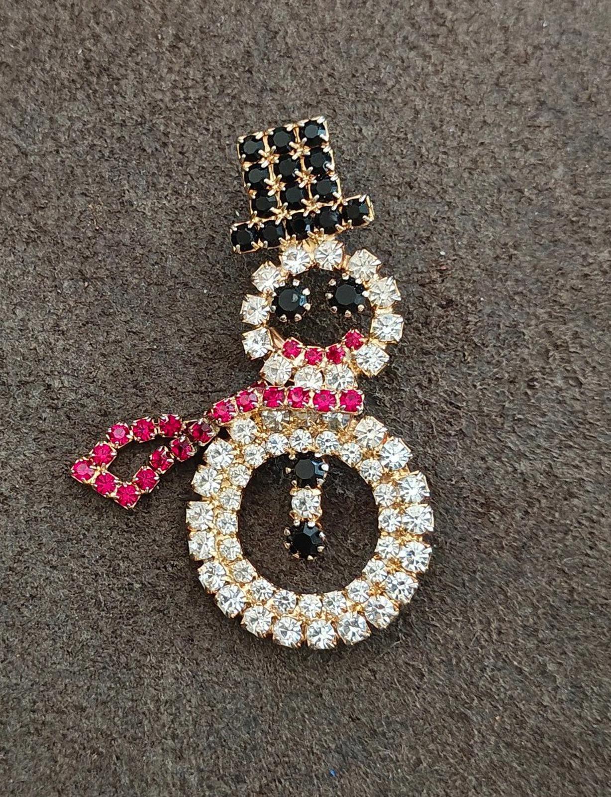1990s Gold Tone With Red, Black and Clear Rhinestones Snowman Brooch