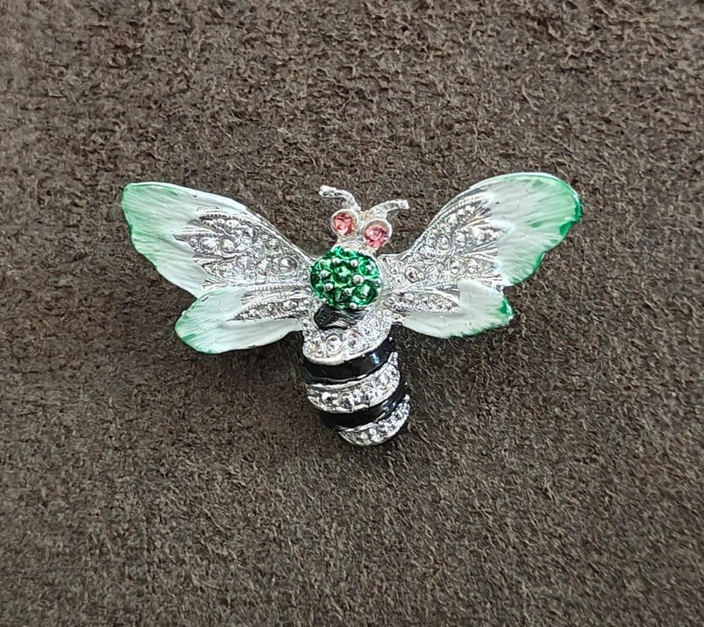 1980s Silver Tone Bumblebee With Pink Rhinestone Eyes Enamel Brooch Pin