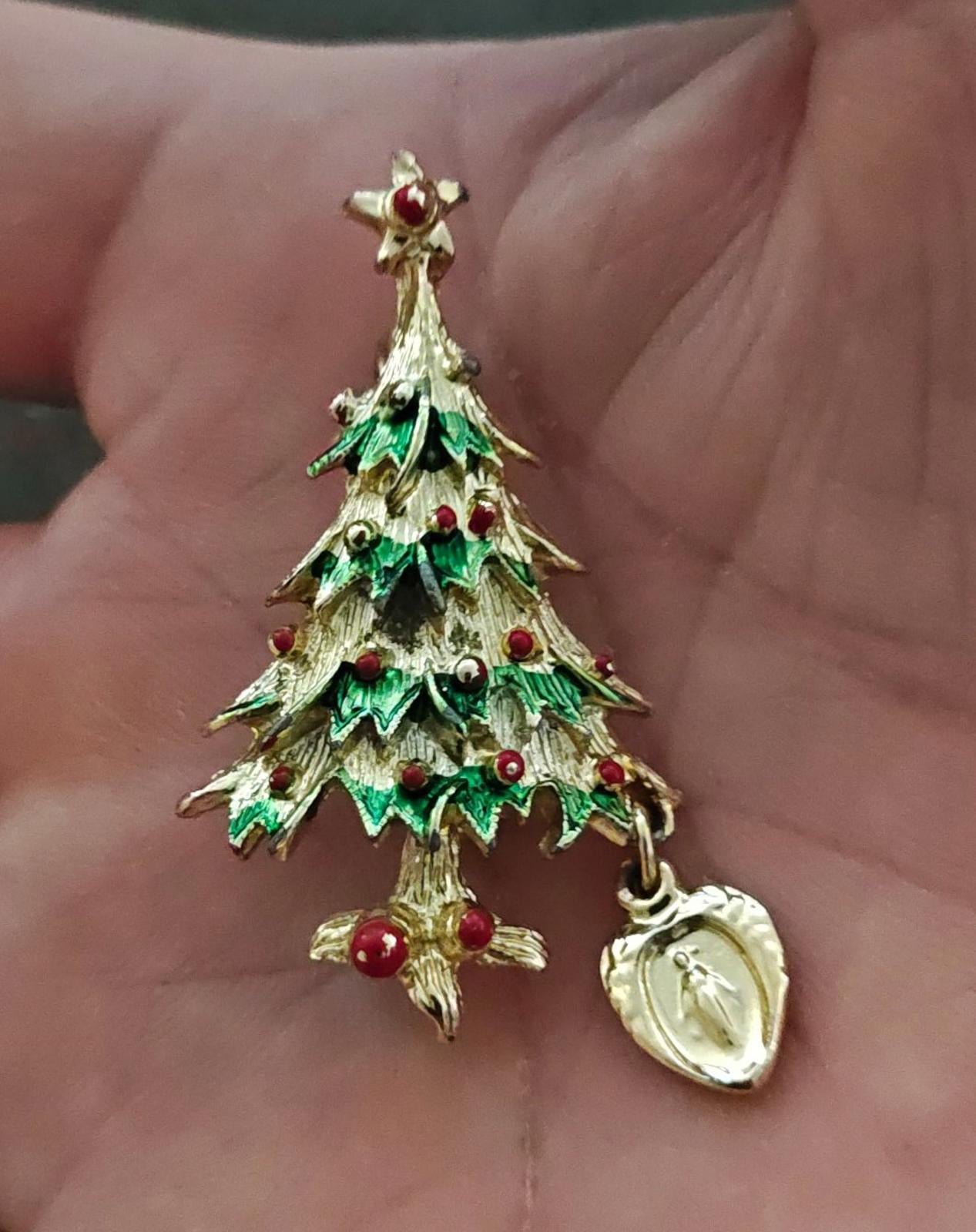 1960s Christmas Tree Brooch Featuring a Dangling Miraculous Medal Charm