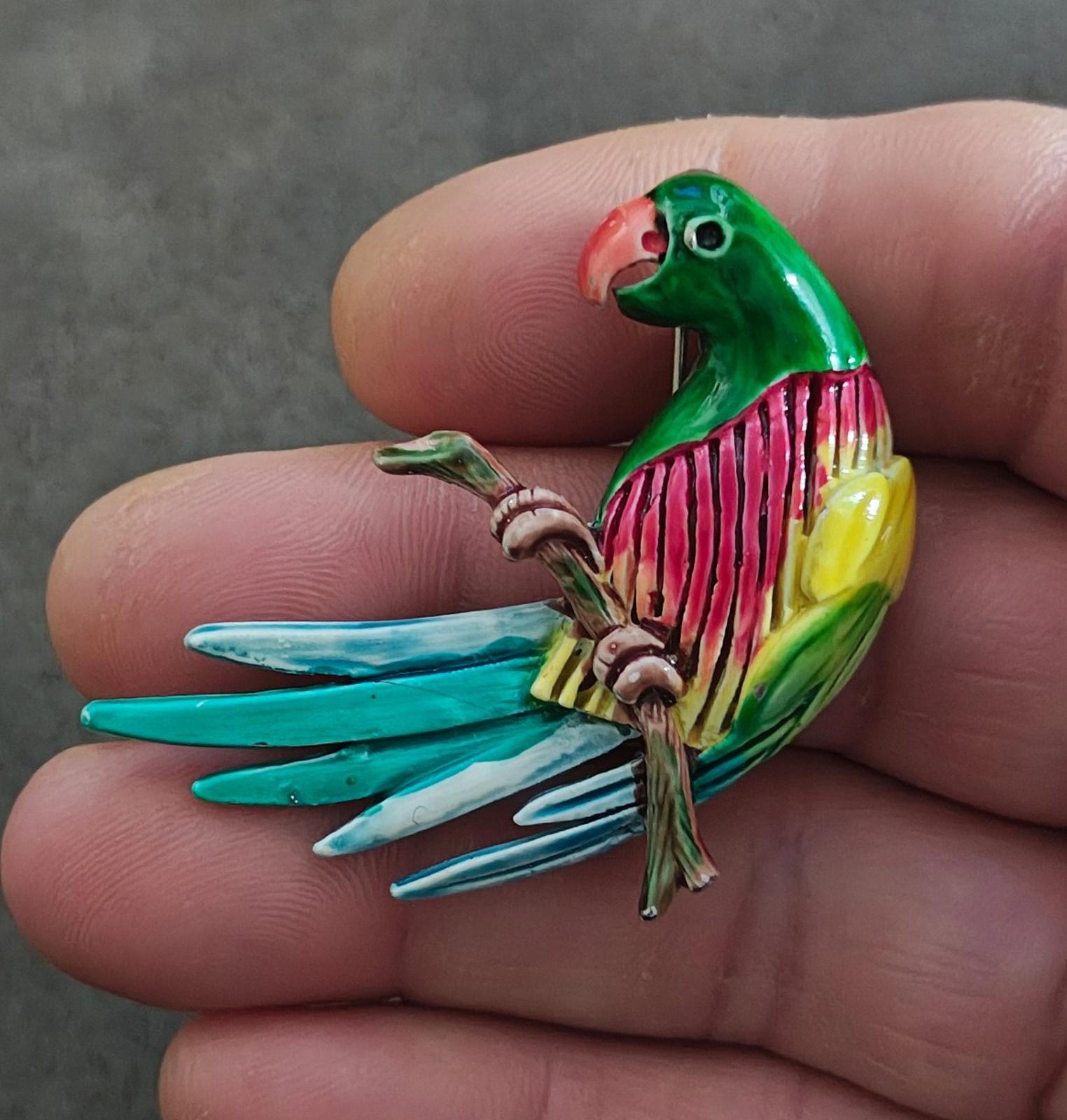 1980s Vintage Hand-Painted Enamel Parrot Sitting On Branch Silver Tone Brooch