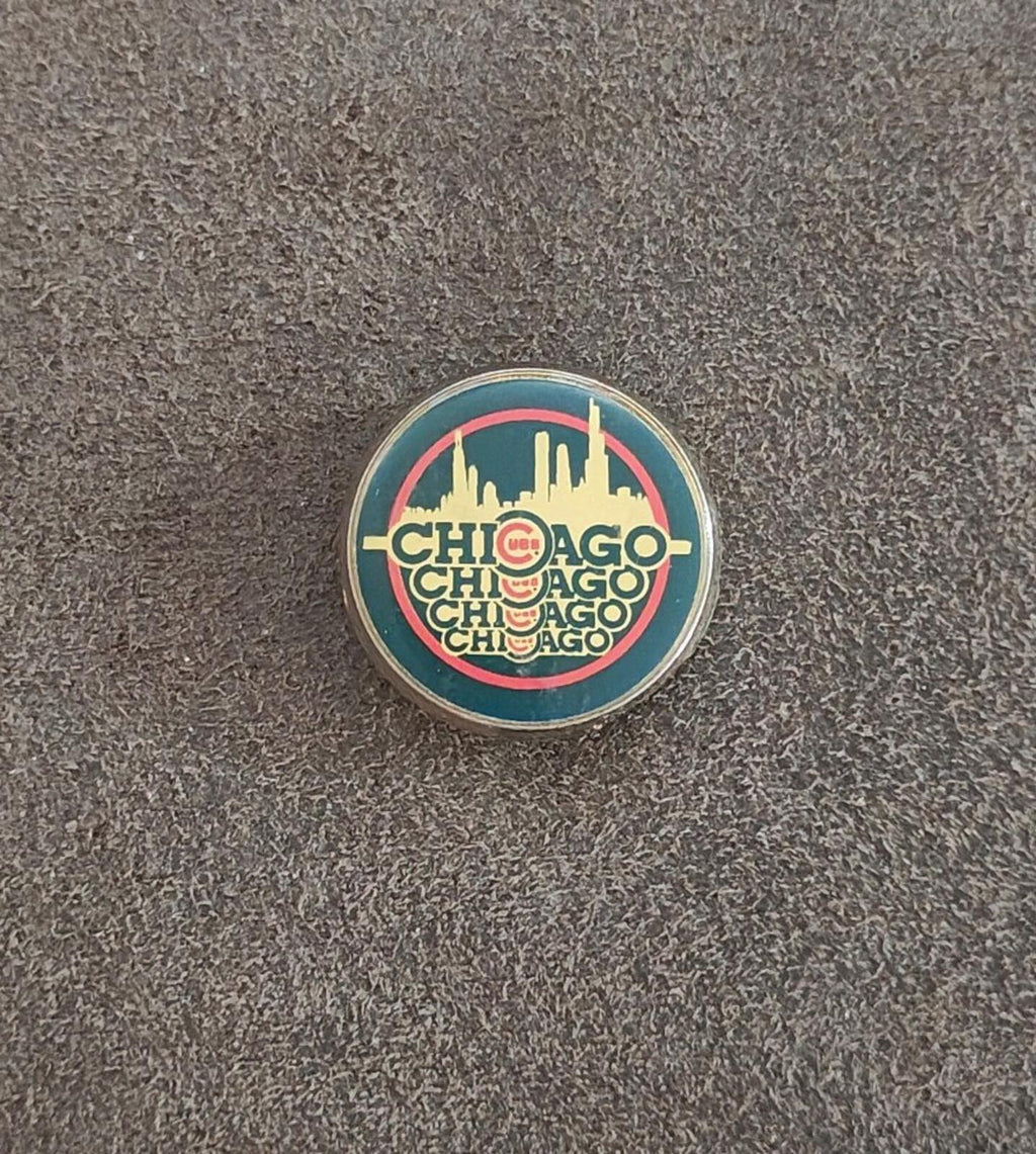 Chicago Cubs MLB round enamel pin with teal “Chicago” skyline and red ring, gold border
