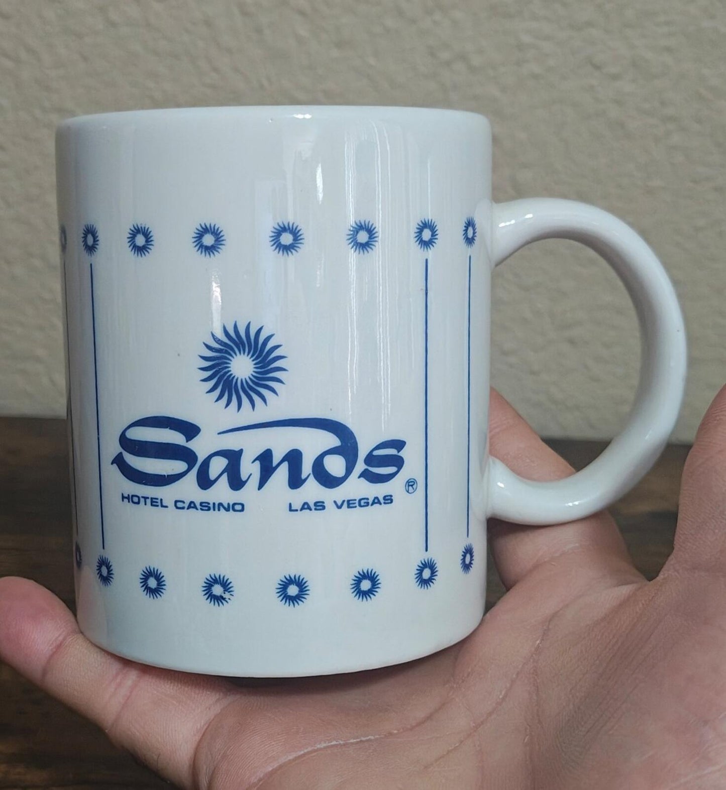 1970s/80s Sands Hotel & Casino Las Vegas  White & Blue 10 oz Ceramic Mug