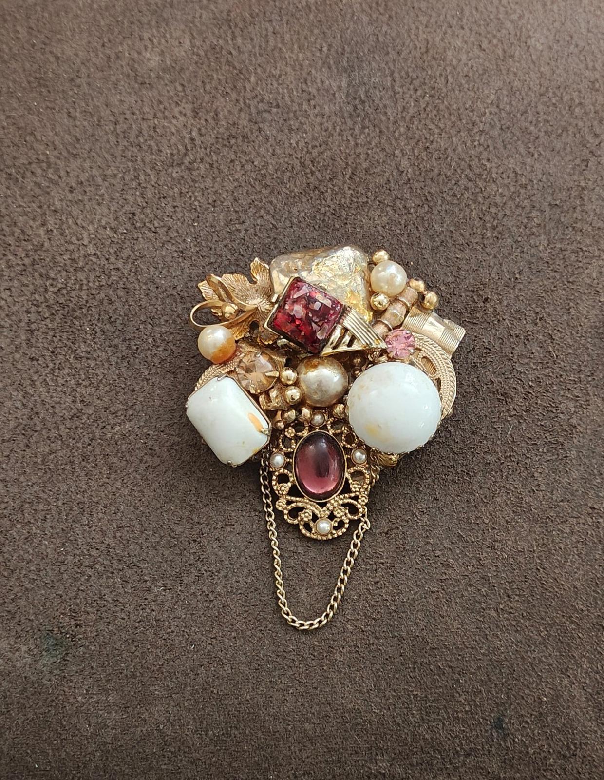1980s Handmade Collage of  Beads Faux Pearls Etc. Gold Tone Brooch