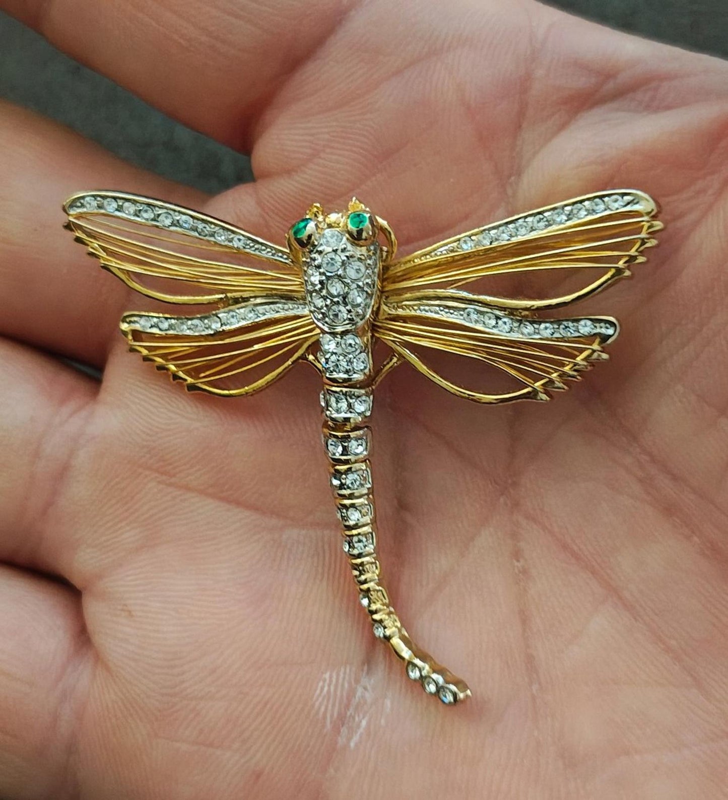 1990's Gold Tone With Clear Rhinestones and Green Enamel Eyes Dragonfly Pin