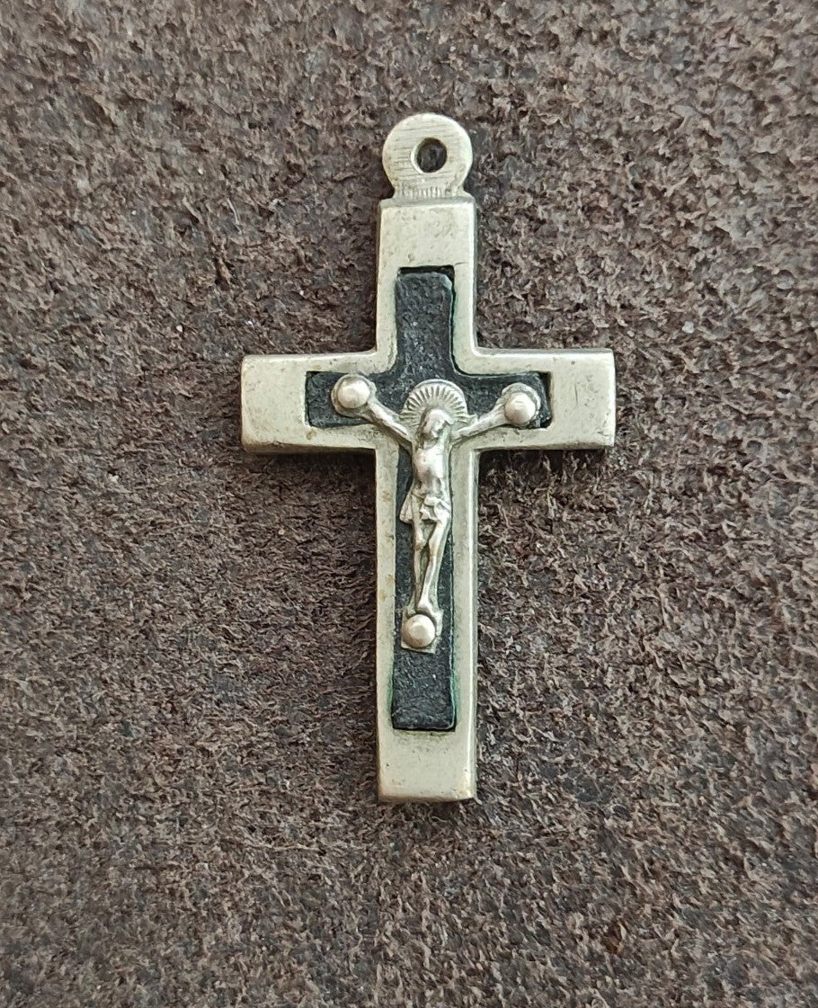 1930s Art Deco French Catholic Pectoral Crucifix With Ebony Wood Inlay Pendant