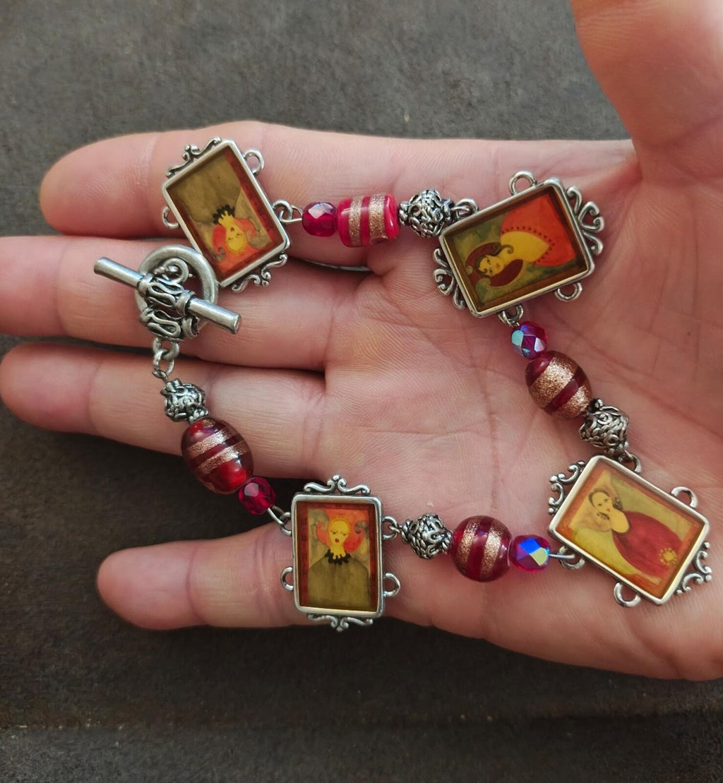 Silver plate portrait link bracelet with red glitter beads and small charm frames