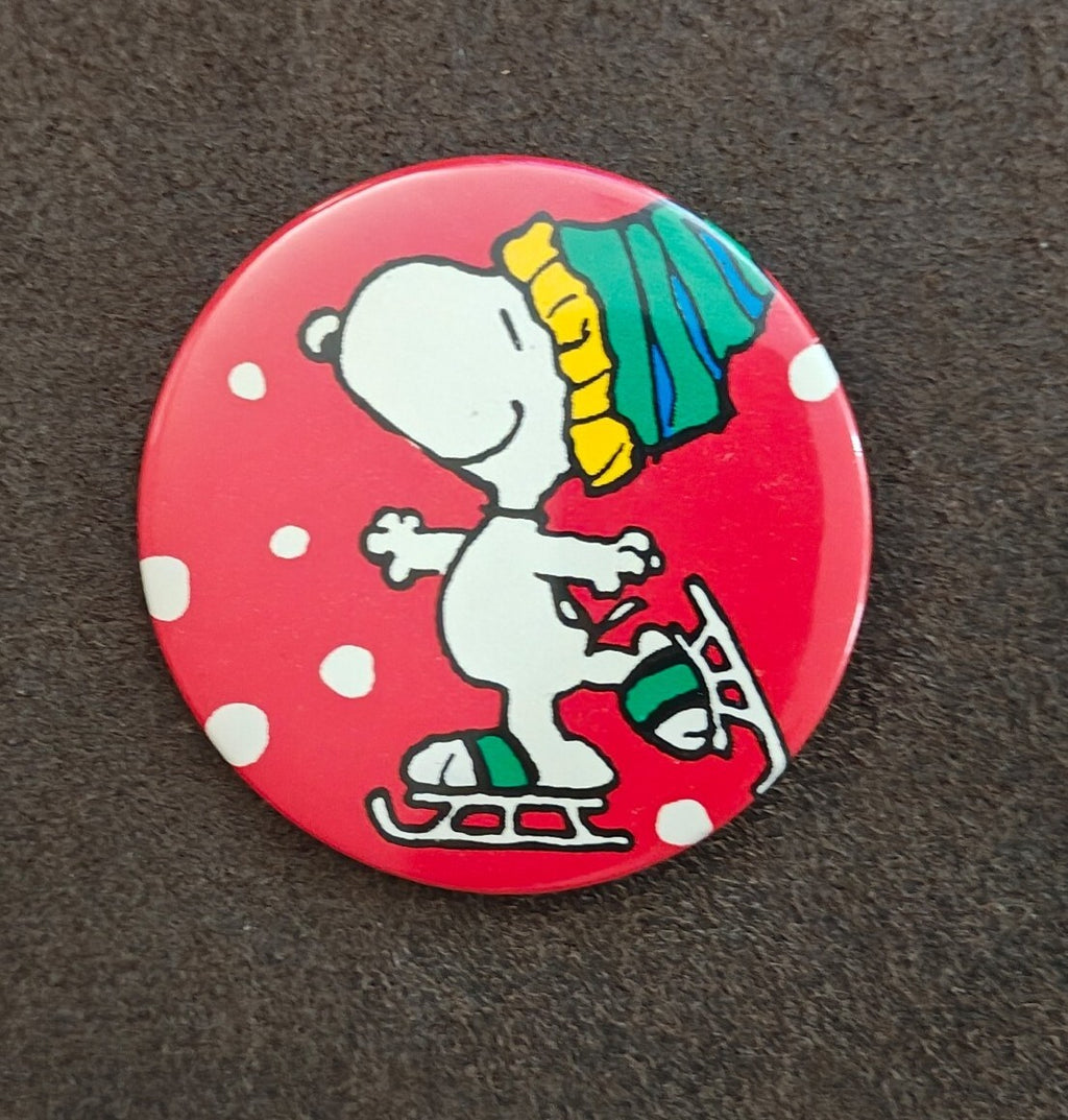 1980s Peanuts Snoopy Ice Skating Holiday Pinback Button