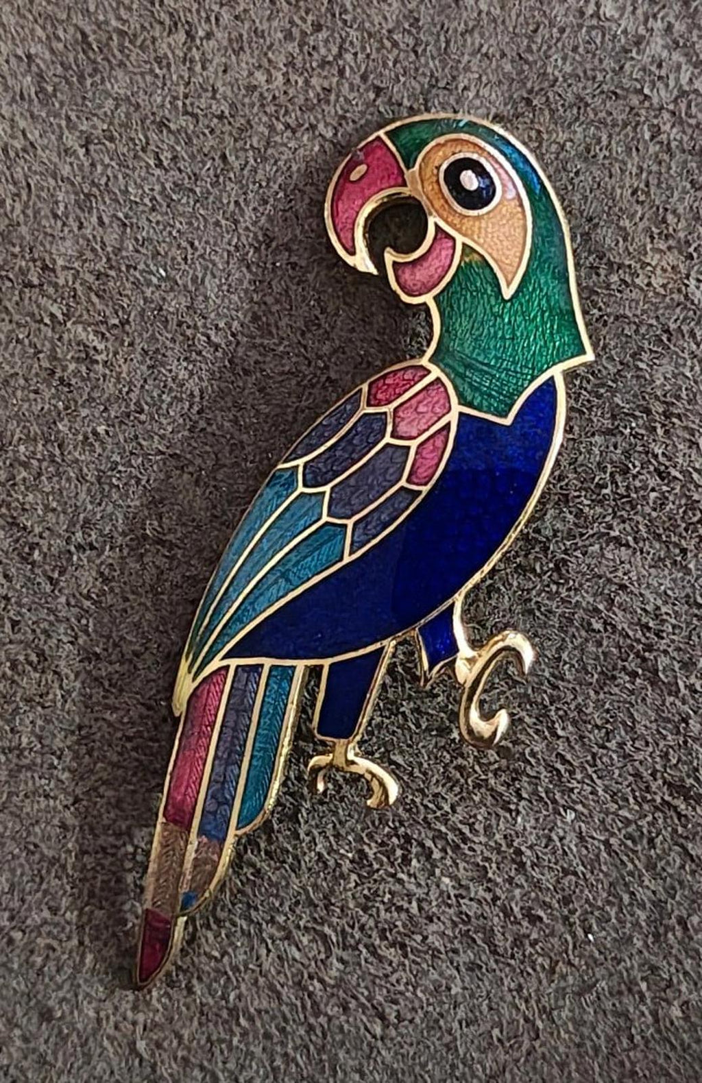 1980s Vintage Gold Tone Cloisonné Enamel Parrot Brooch Pin