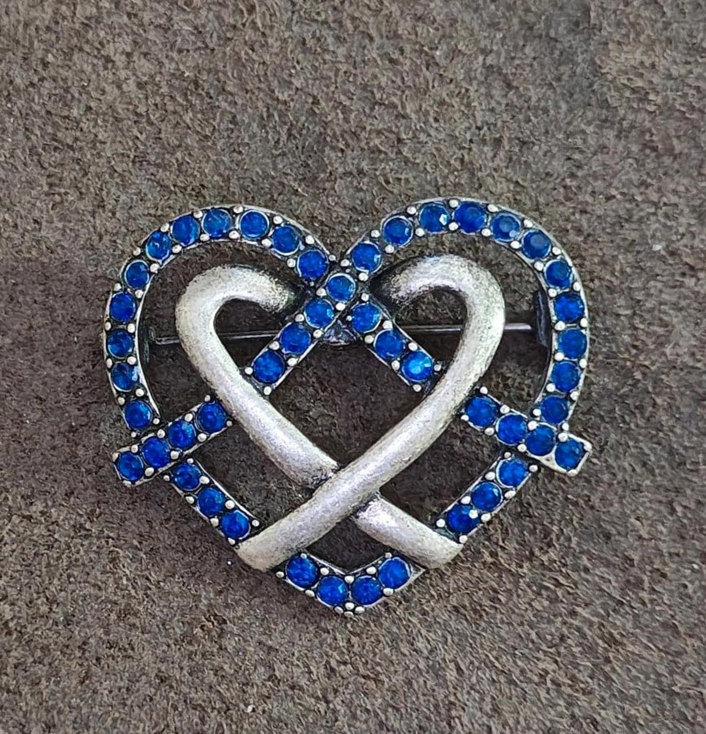 1980's Ornate Heart With Blue Rhinestones Pewter Brooch Pin