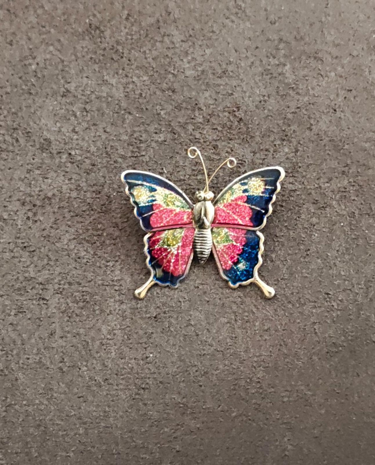 1970s Gold Tone Butterfly With Enamel & Glitter Accents Brooch