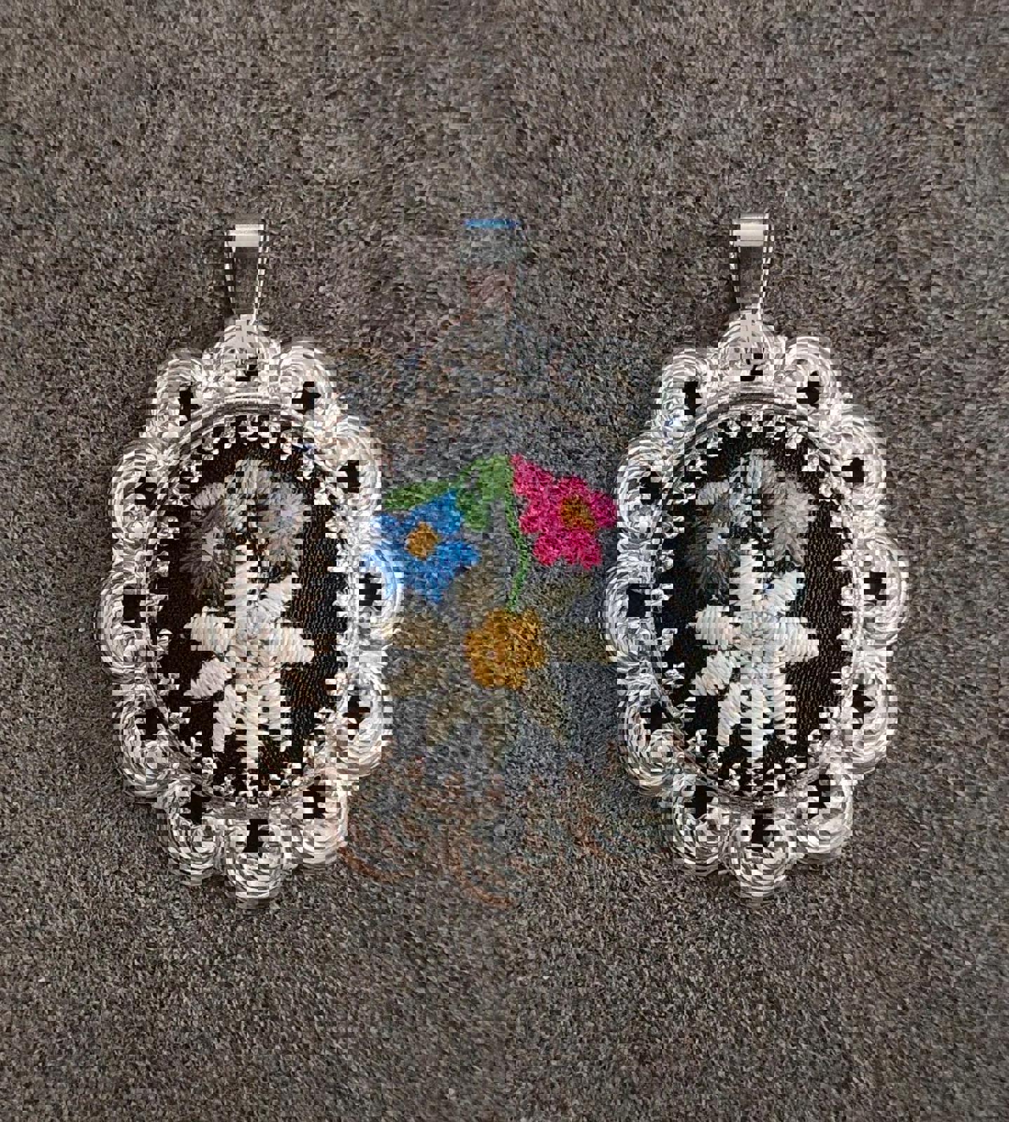 1970's Cross Stitched Flower Silver Tone Filigree Pendant