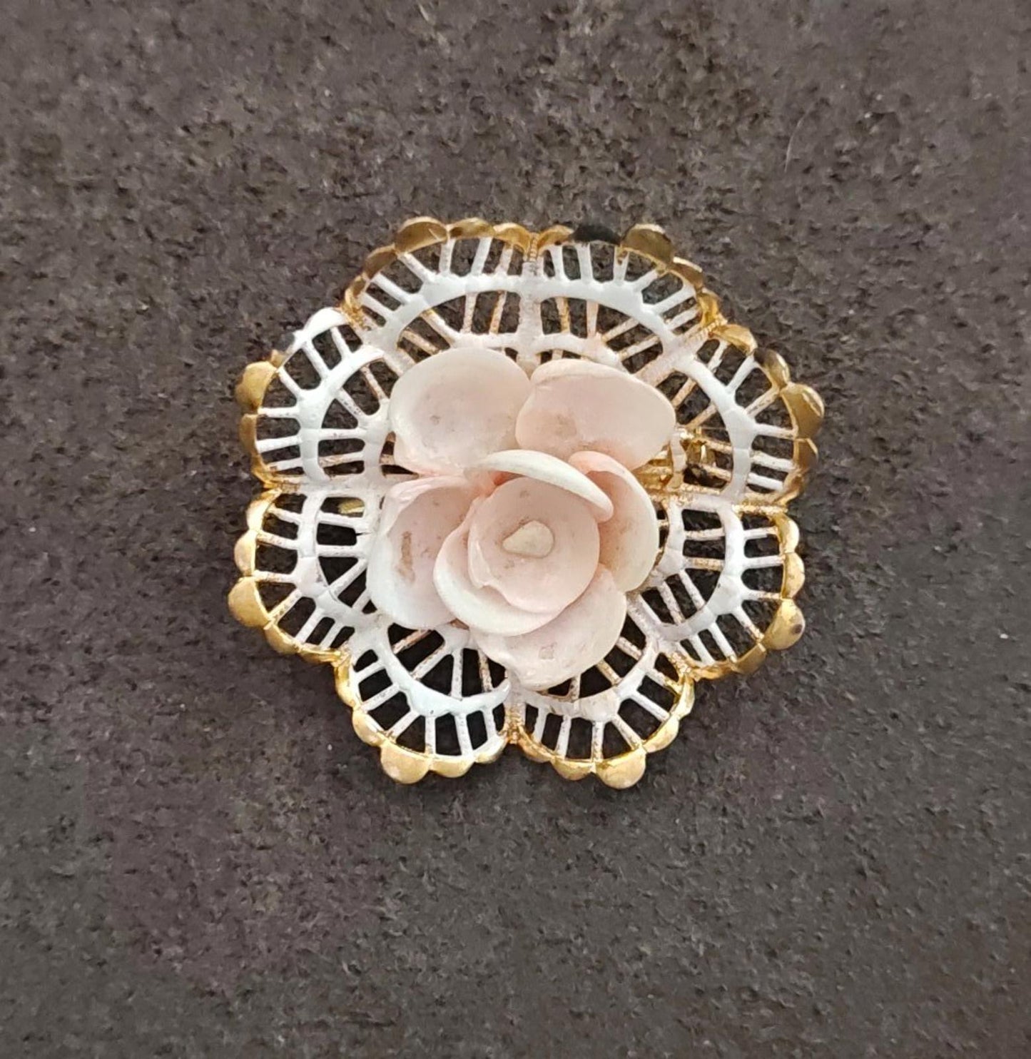 1960s Gold Tone Filigree Pink Rose Brooch