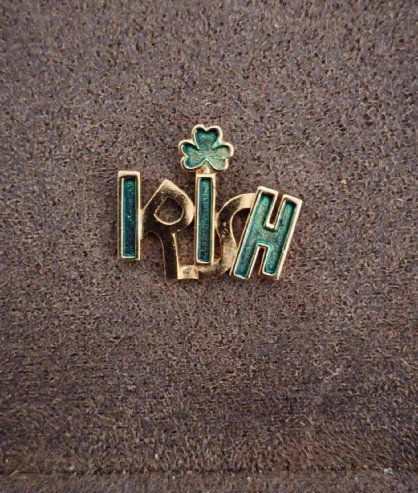 Cool Vintage Gold Tone "Irish" Shamrock/Clover Enamel Pin.