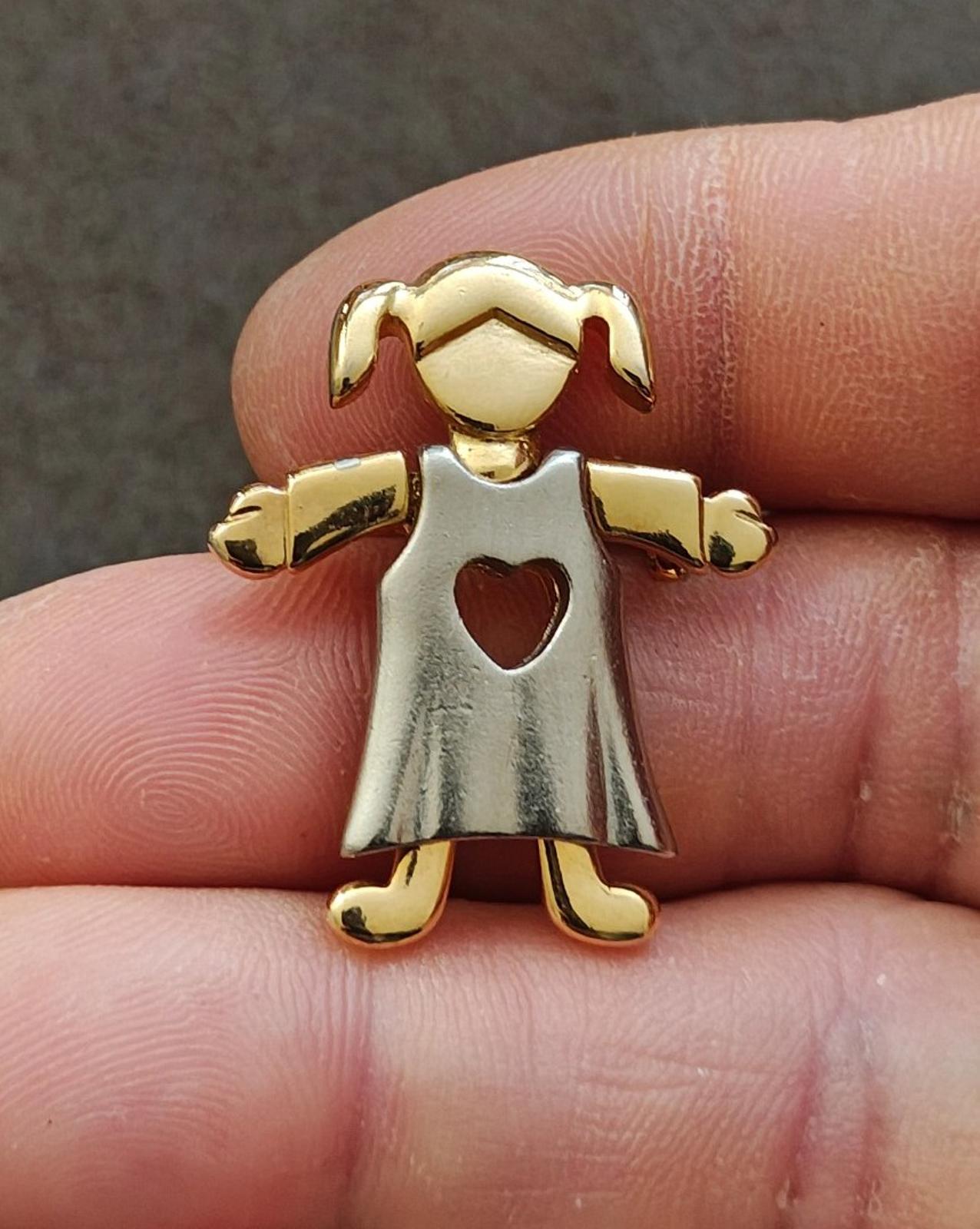 1990s Two Tone Little Girl With Pigtails In Dress With Heart Shaped Cutout Brooch