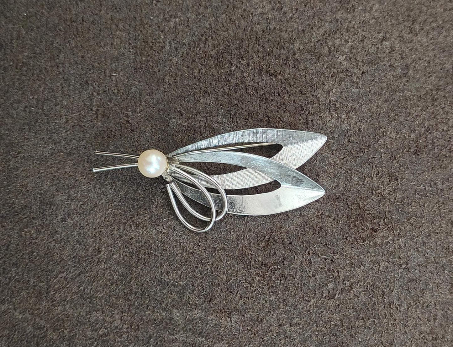 1950s/60s Sterling Silver Modernist With Cultured Pearl Brooch