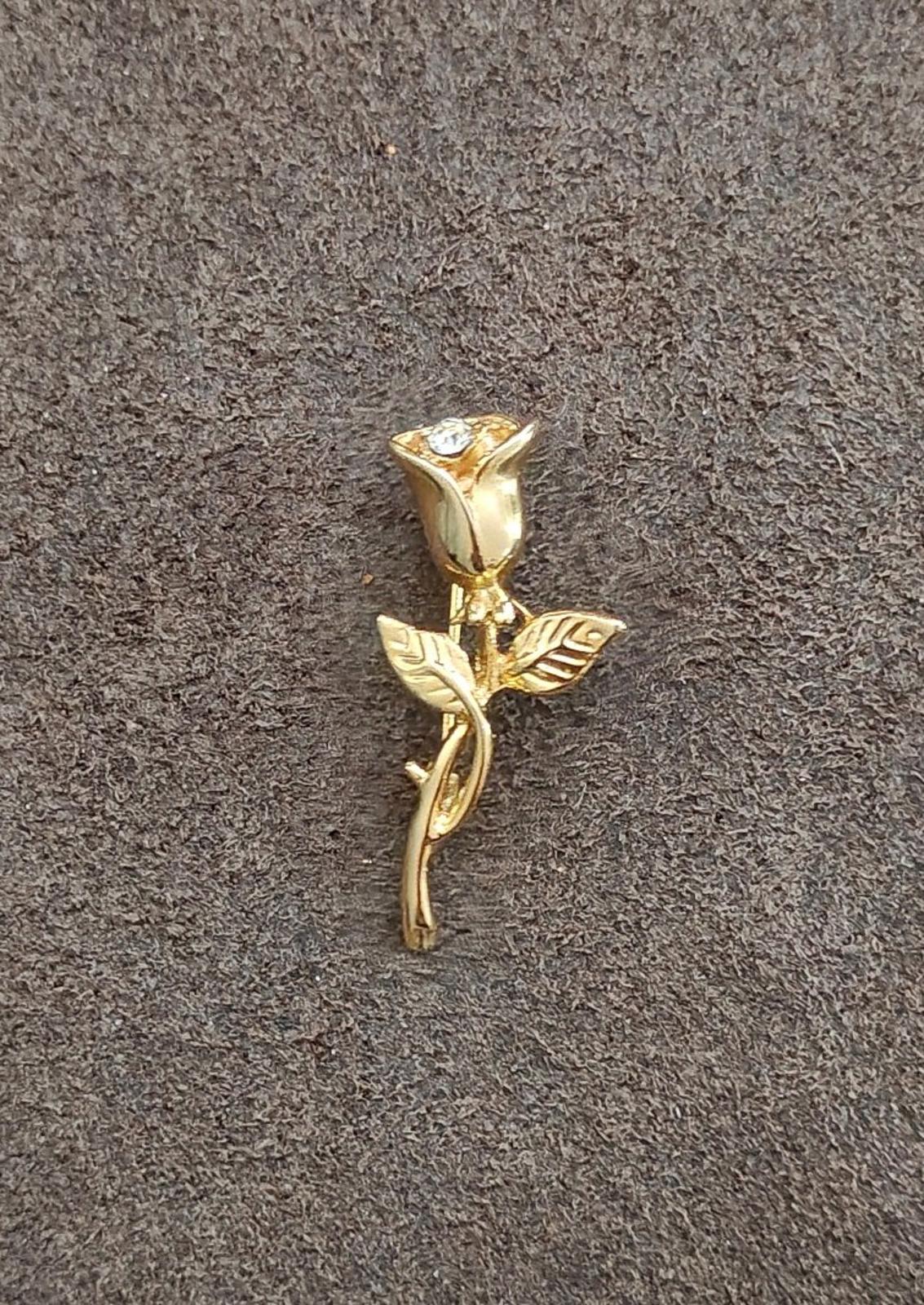 1980s Textured Gold Tone Rose With Rhinestone Brooch