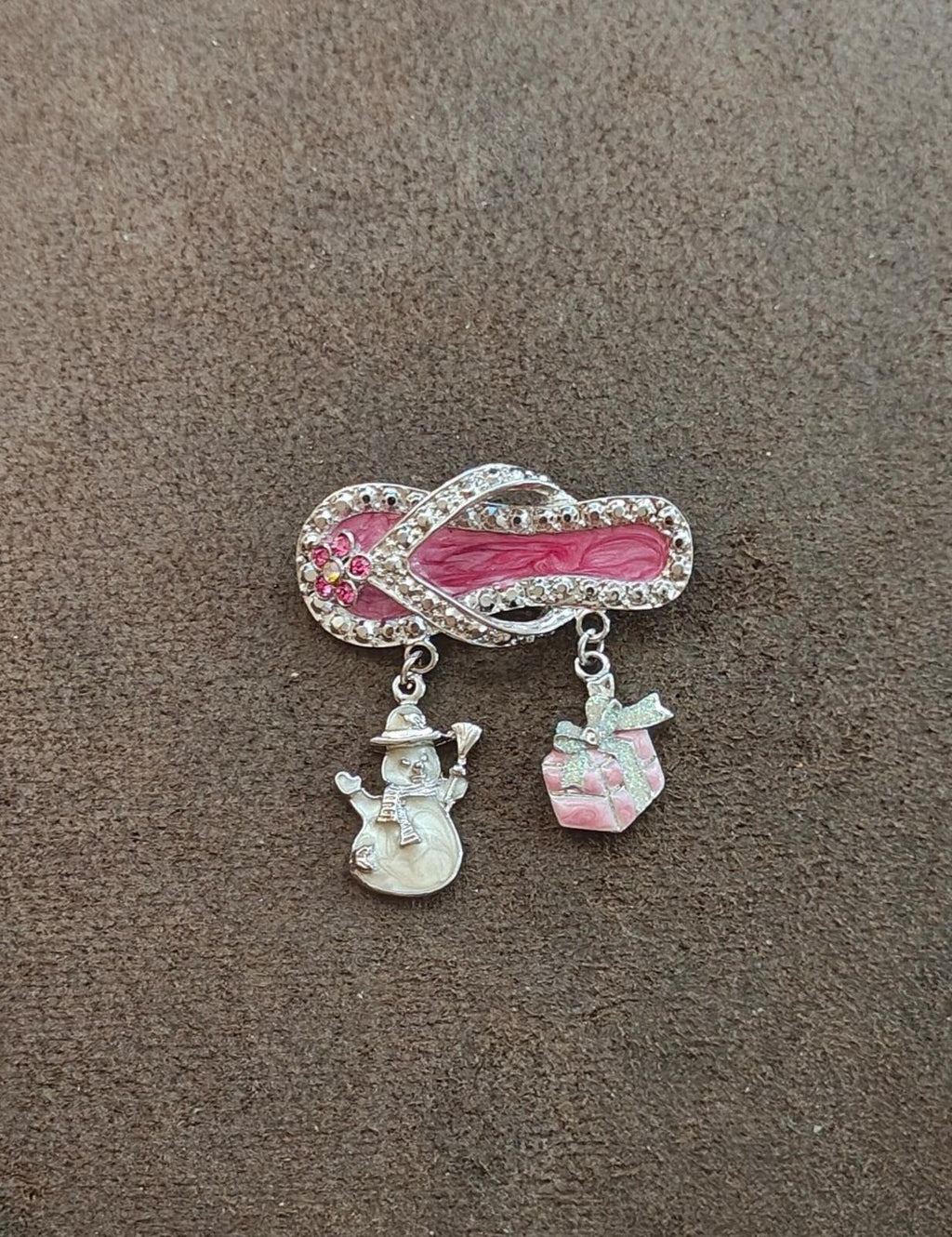 90s Silver Tone Flip Flop With Dangling Charms Enamel & Rhinestones  Brooch