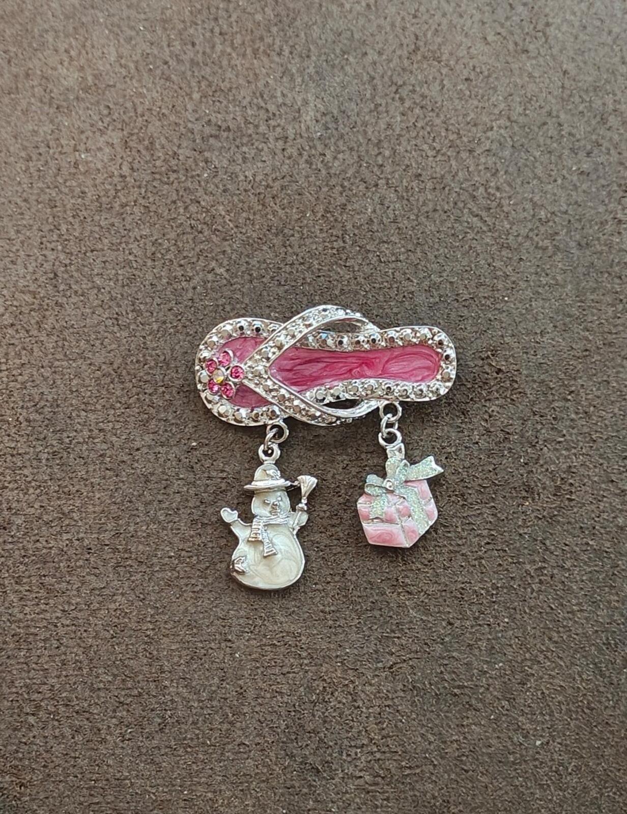 90s Silver Tone Flip Flop With Dangling Charms Enamel & Rhinestones  Brooch