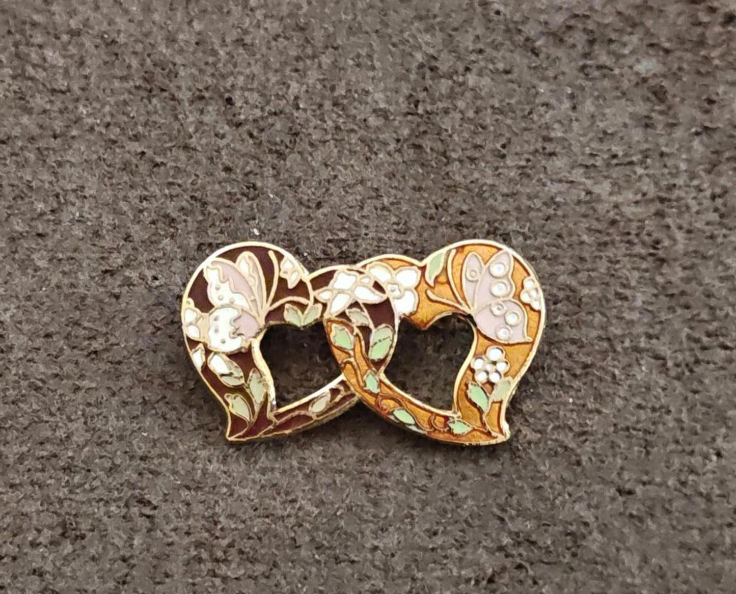 1980s Vintage Two Hearts With Butterflies Gold Tone Brooch Pin