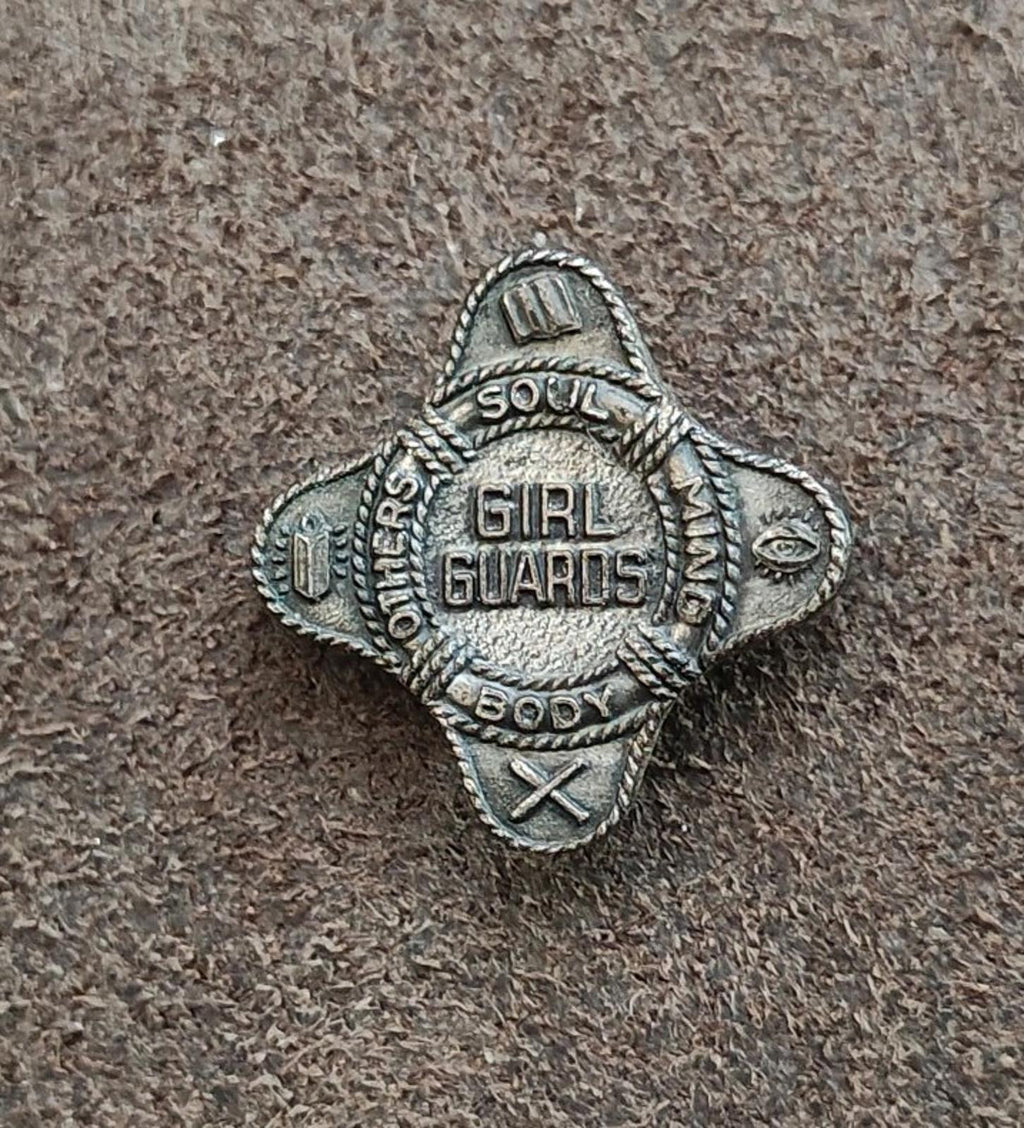 Vintage Girl Guards membership badge pin, dark silver-tone with Girl Guards center medallion