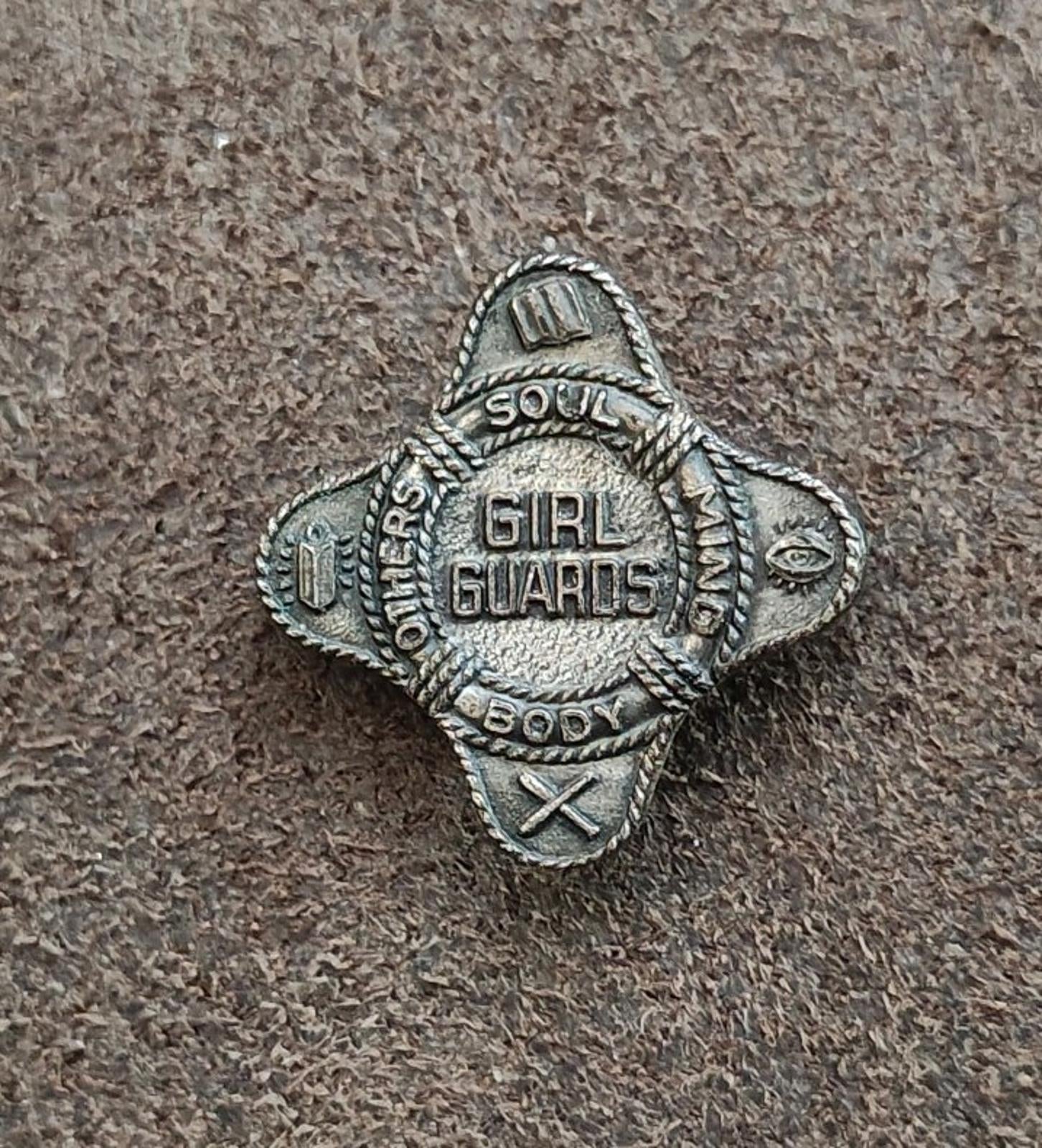 Vintage Girl Guards membership badge pin, dark silver-tone with Girl Guards center medallion
