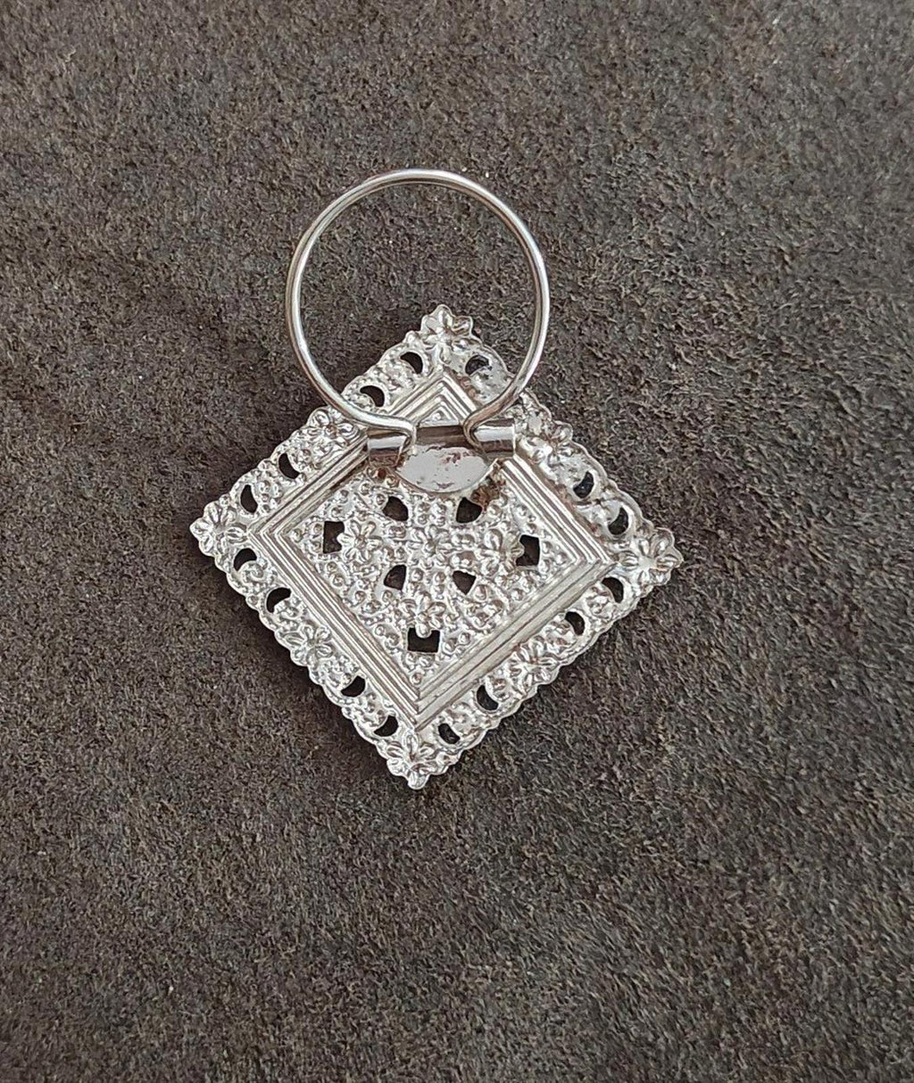 Silver-tone filigree scarf clip with round loop ring and square openwork motif