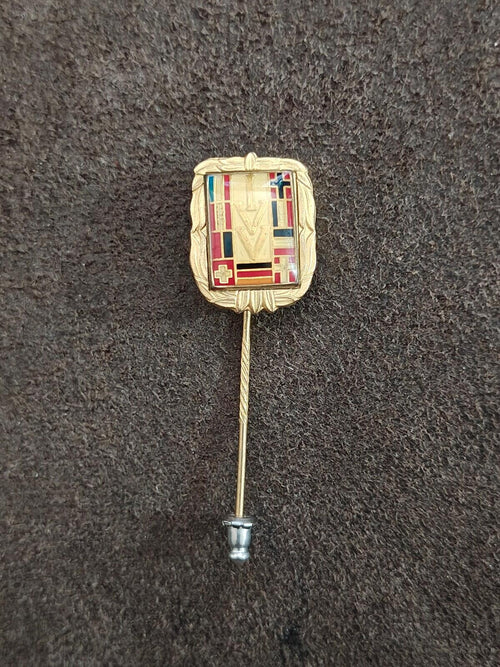 Gold-tone rectangular enamel badge pin with multicolor crest and long stick pin
