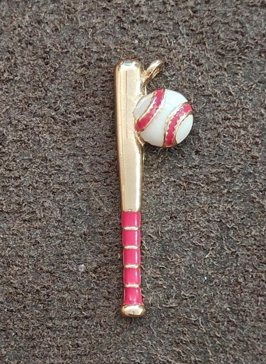 Gold-tone baseball bat charm with red enamel stripes and small red-and-white ball