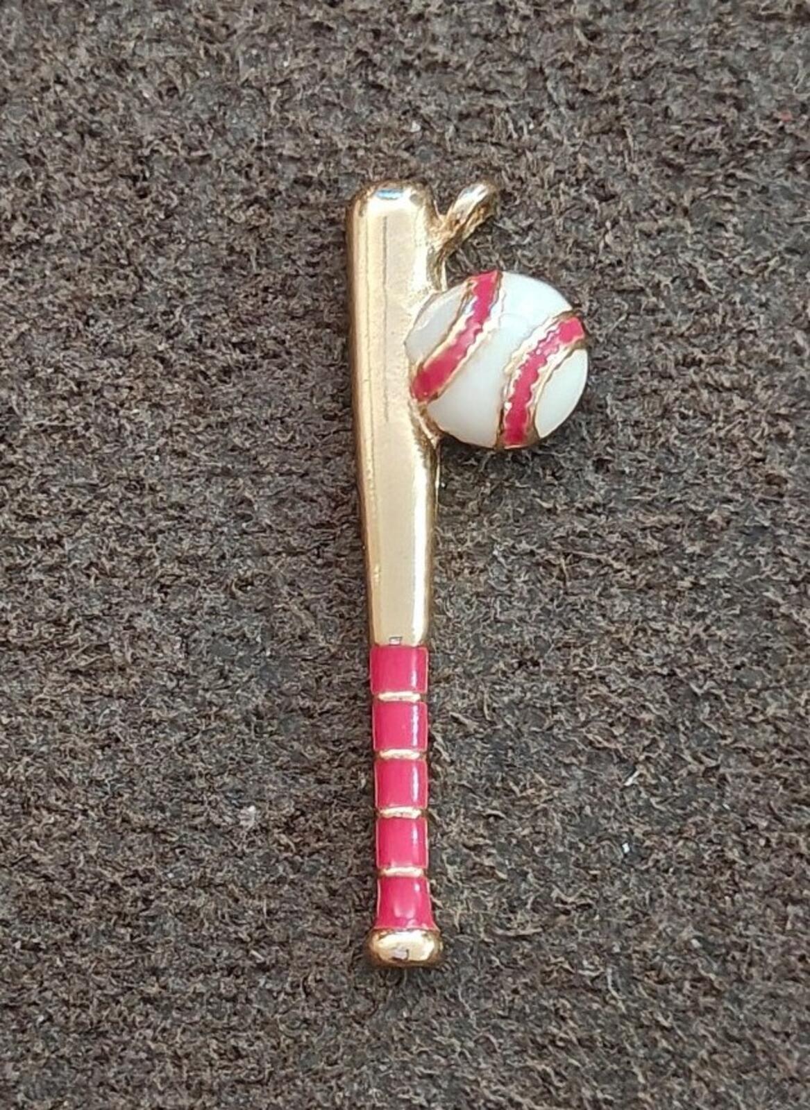 1980s Gold Tone With Red Enamel Baseball Bat & Ball Charm