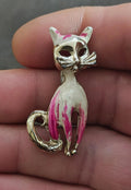 1960s Vintage Silver Tone Cat With White And Pink Enamel Brooch Pin.