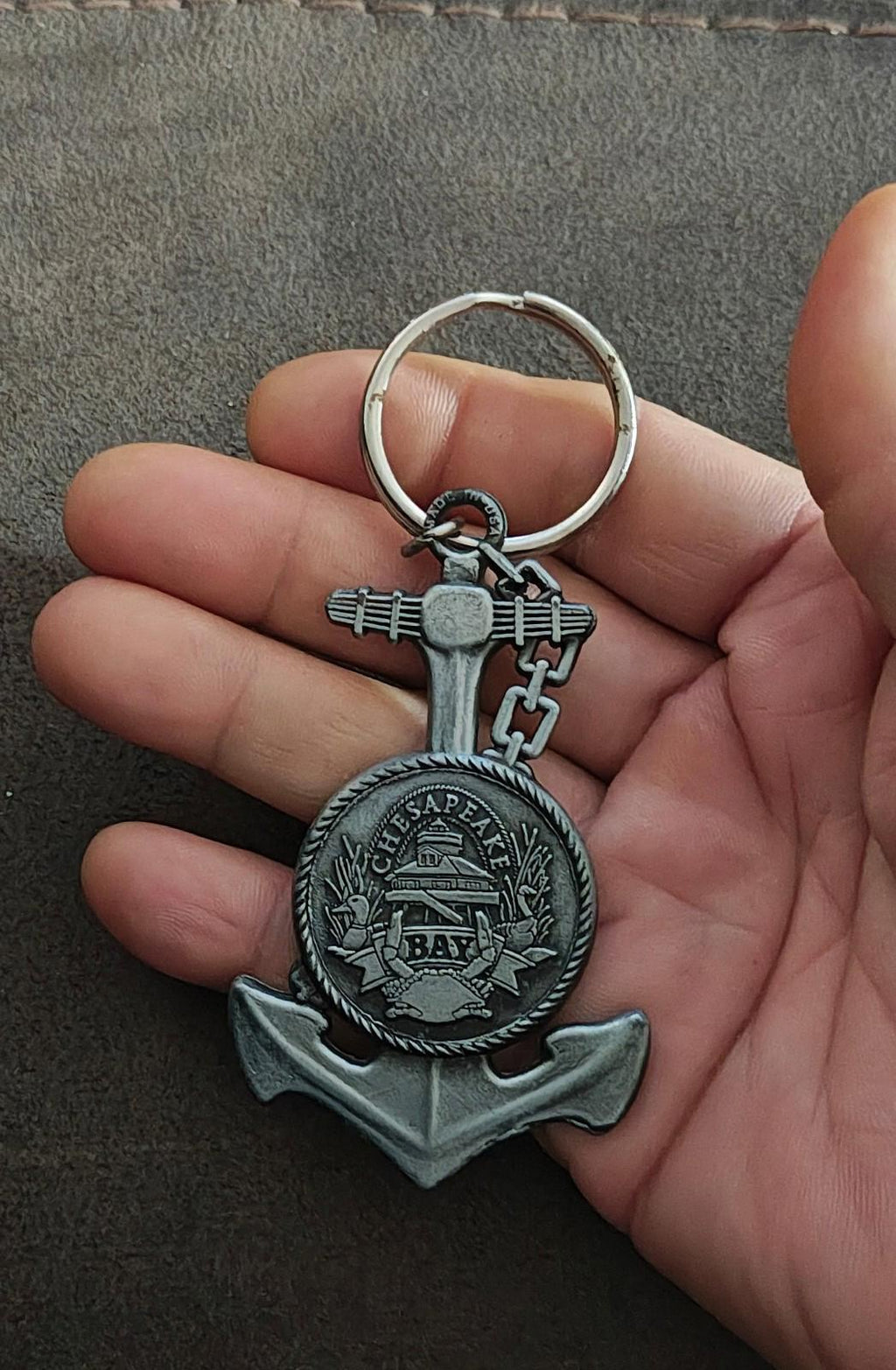 1980's Chesapeake Bay Anchor Shaped Souvenir Pewter Keychain