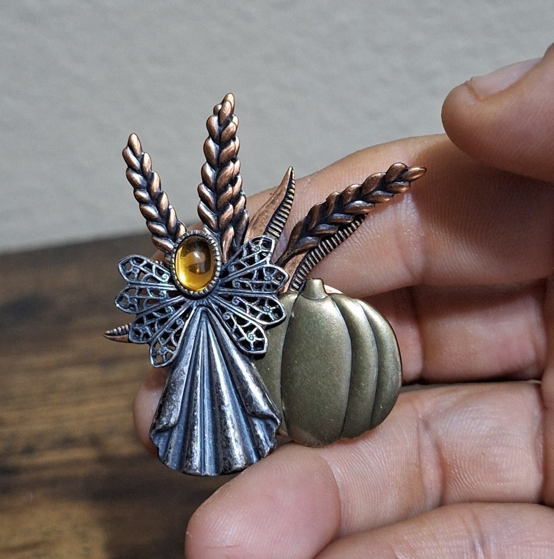 90s Tri-Color Fall Harvest Angel Pin Brooch