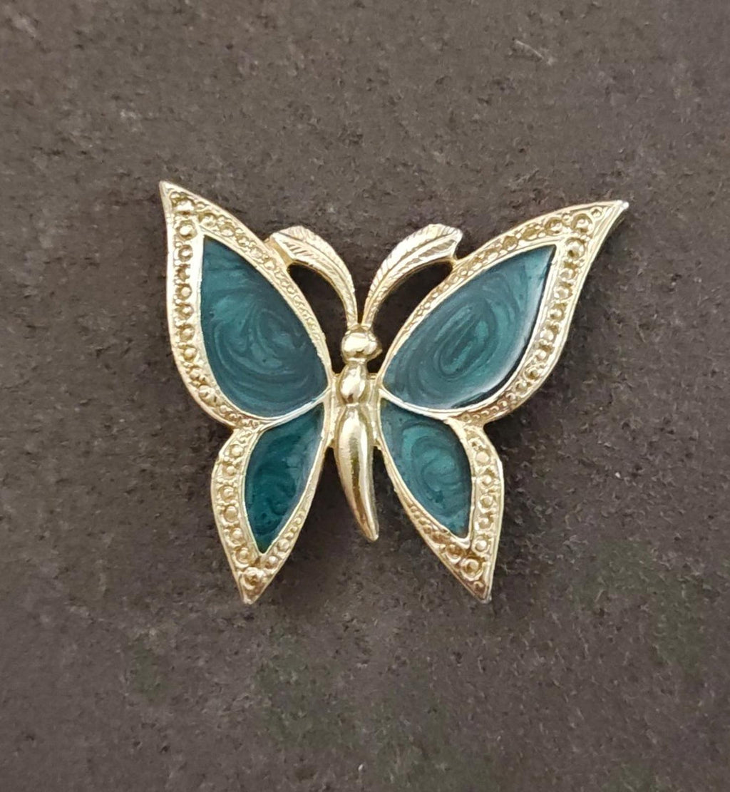 1980s Gold Tone With Green Enamel Textured Butterfly Brooch
