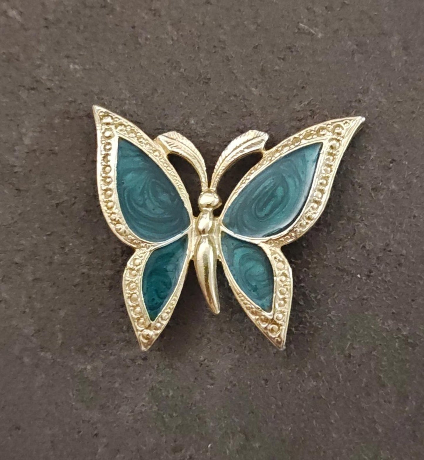 1980s Gold Tone With Green Enamel Textured Butterfly Brooch