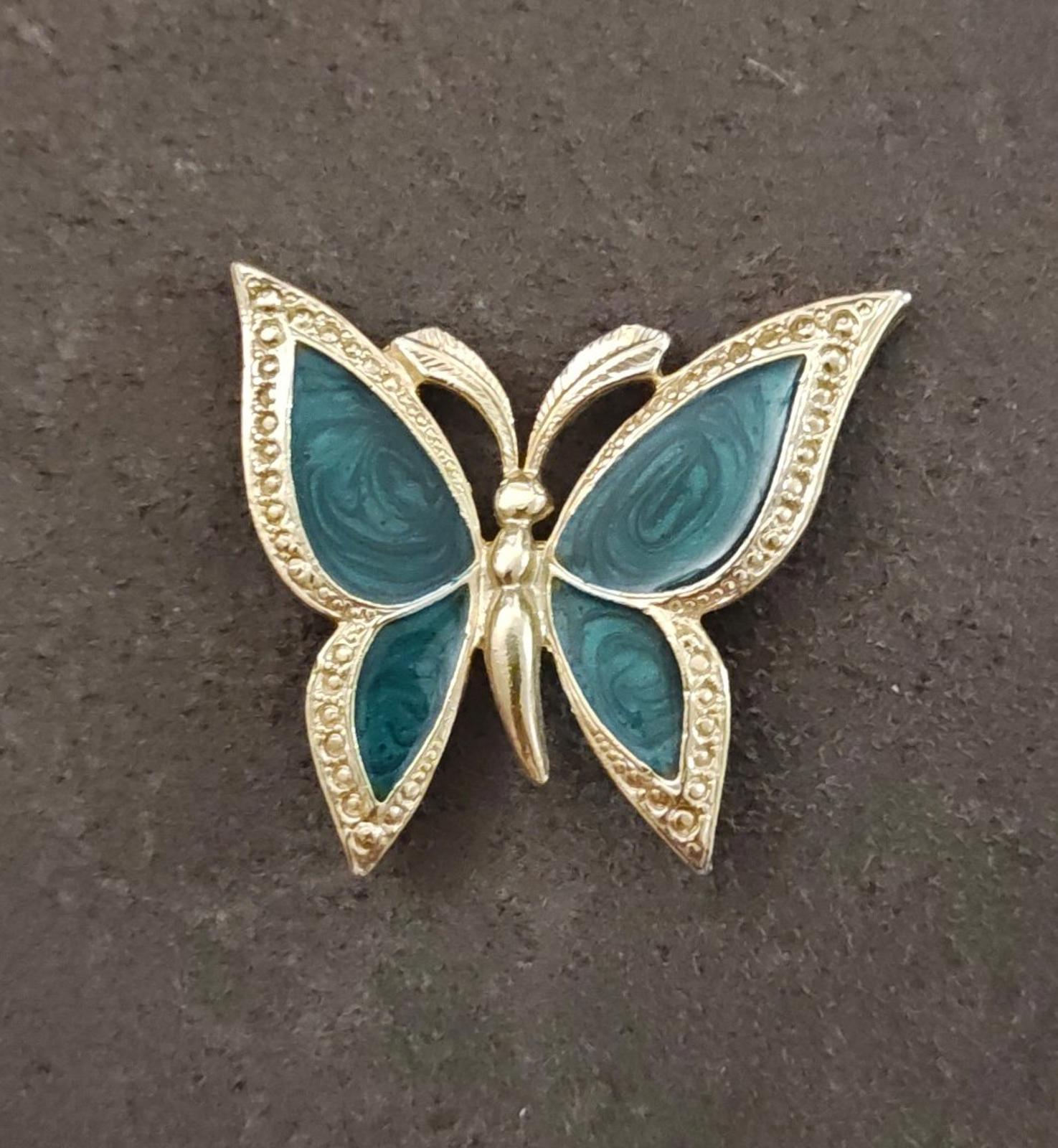 1980s Gold Tone With Green Enamel Textured Butterfly Brooch