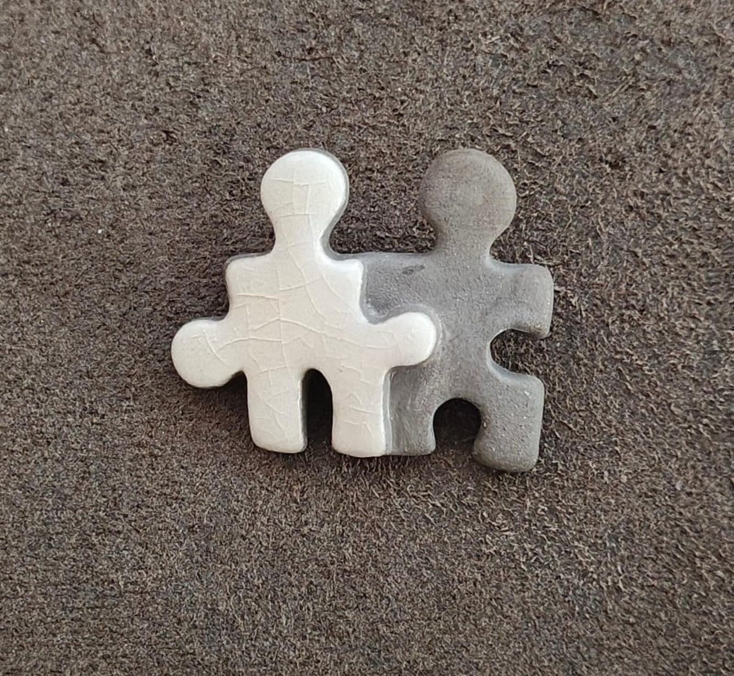 1990s Handcrafted Signed C Welch "Puzzle Buddies" Ceramic & Concrete Brooch