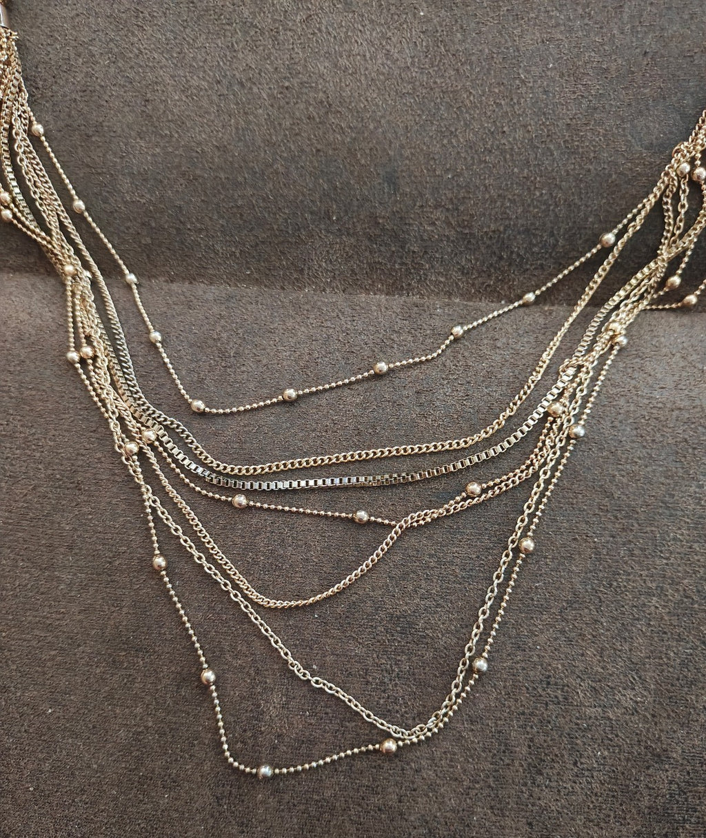 Boho Style Gold Tone Layered Multi-Strand Mixed Chains Statement Necklace