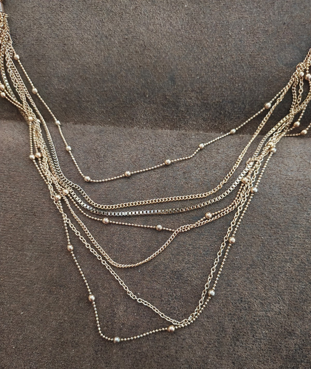 Boho Style Gold Tone Layered Multi-Strand Mixed Chains Statement Necklace