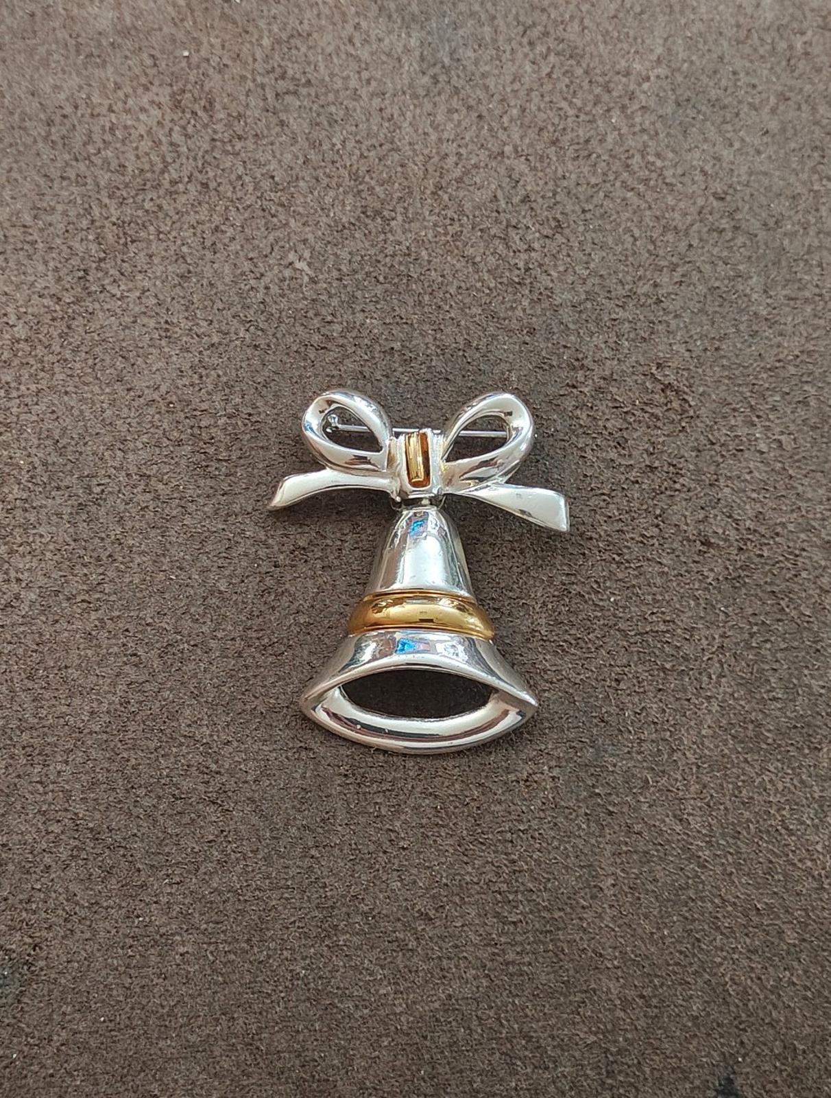 1980s Two Tone Christmas Bell With Bow Brooch