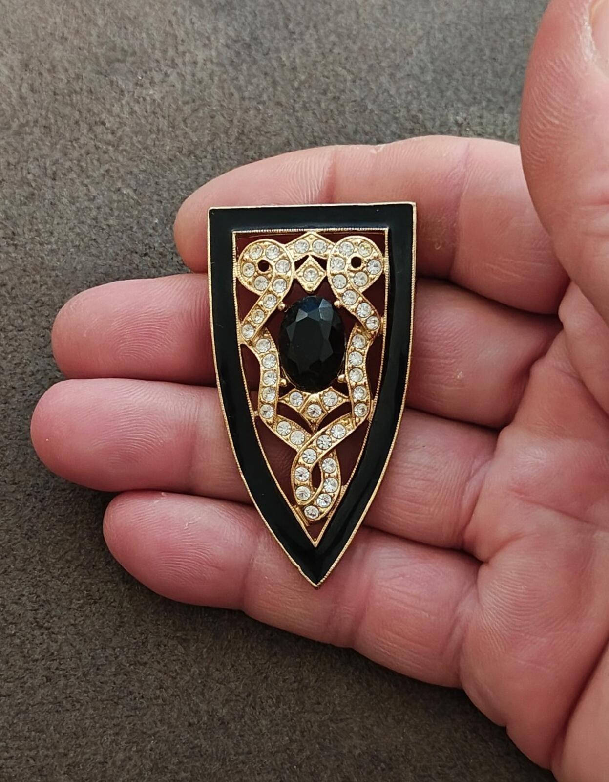 80s Gold Tone Art Deco Enamel Rhinestones & Black Stone 1928 Jewerly Co. Brooch
