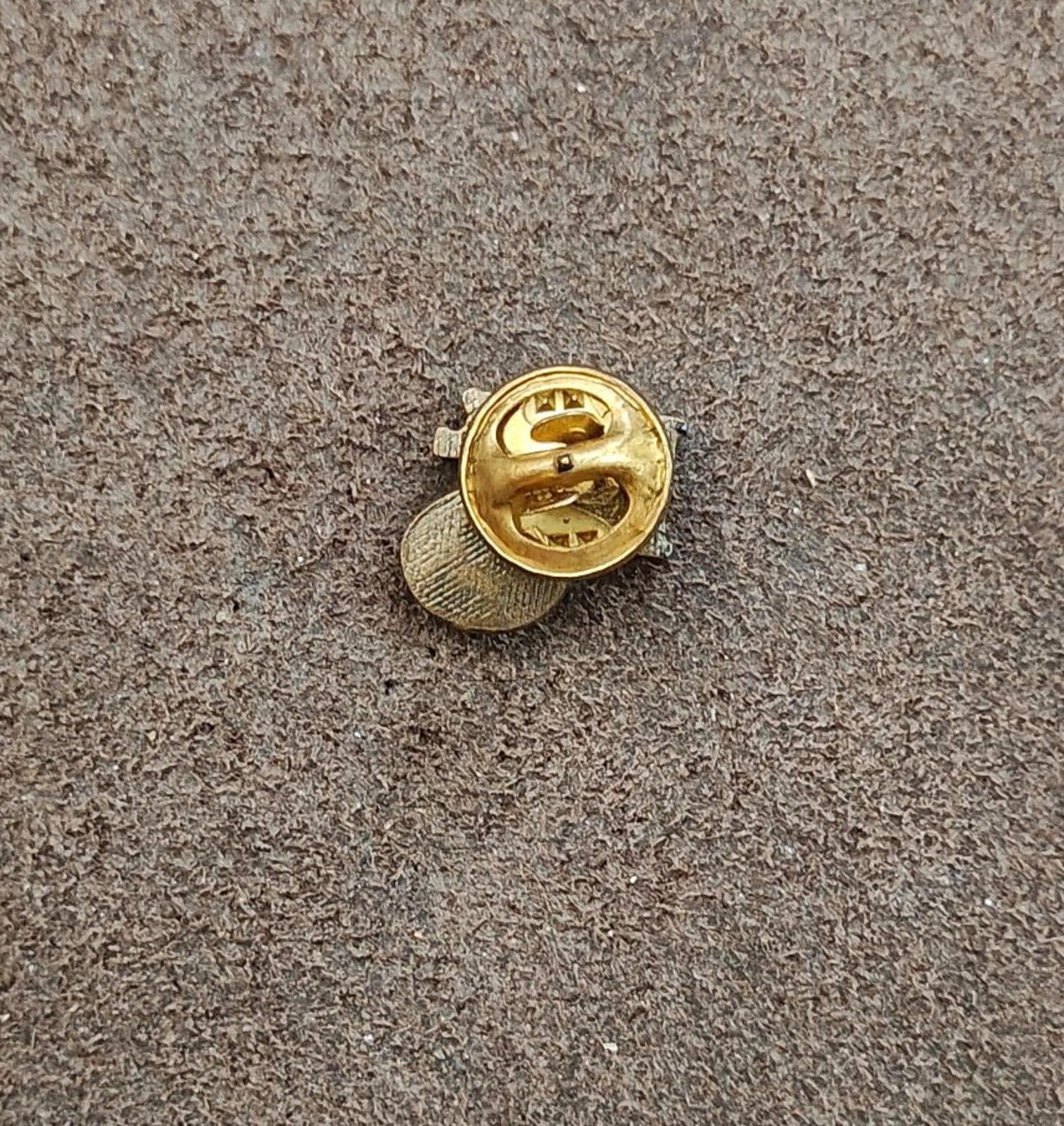Gold tone lapel pin backing with clasp, rear view on textured surface