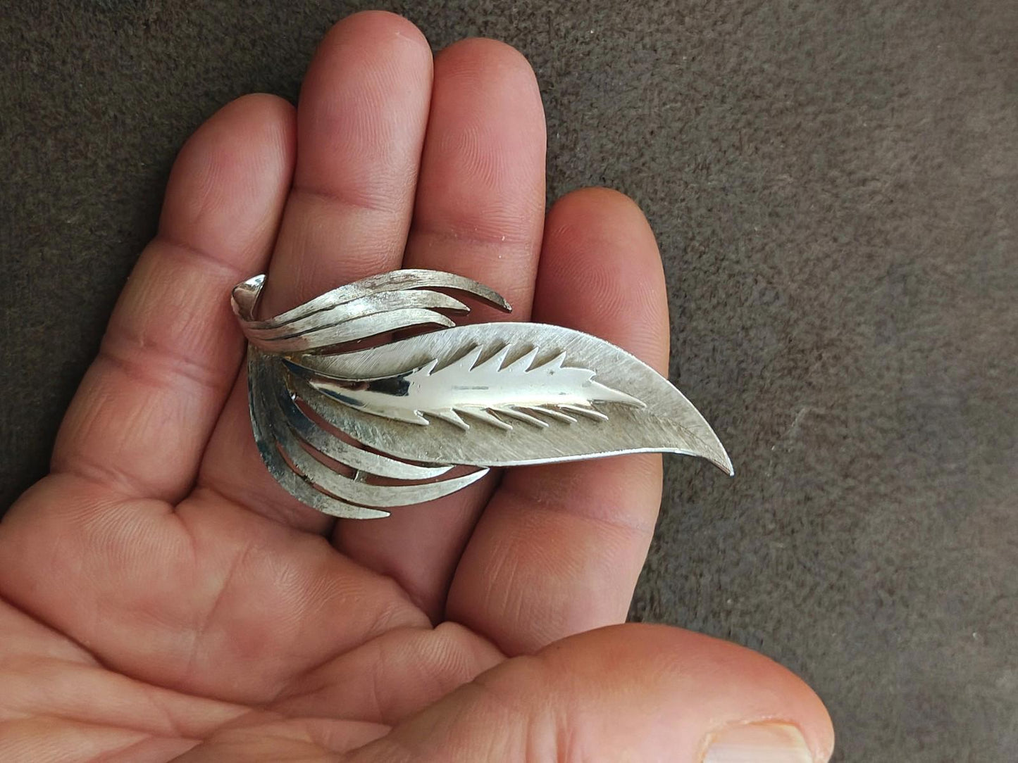1950s/60s Silver Tone Crown Trifari Stylized Leaf Brooch